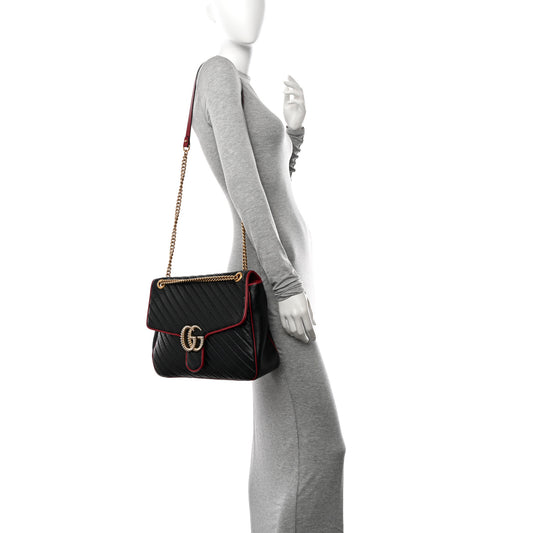 Vintage Effect Calfskin Matelasse Diagonal Large Torchon GG Marmont Shoulder Bag Black Romantic Cherry
