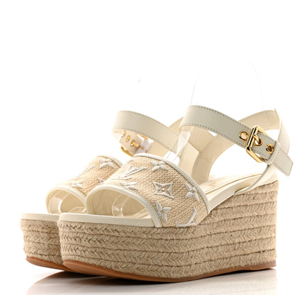 Louis Vuitton Canvas Monogram Starboard Espadrille Wedge Sandals 37 Beige White 3 of 10