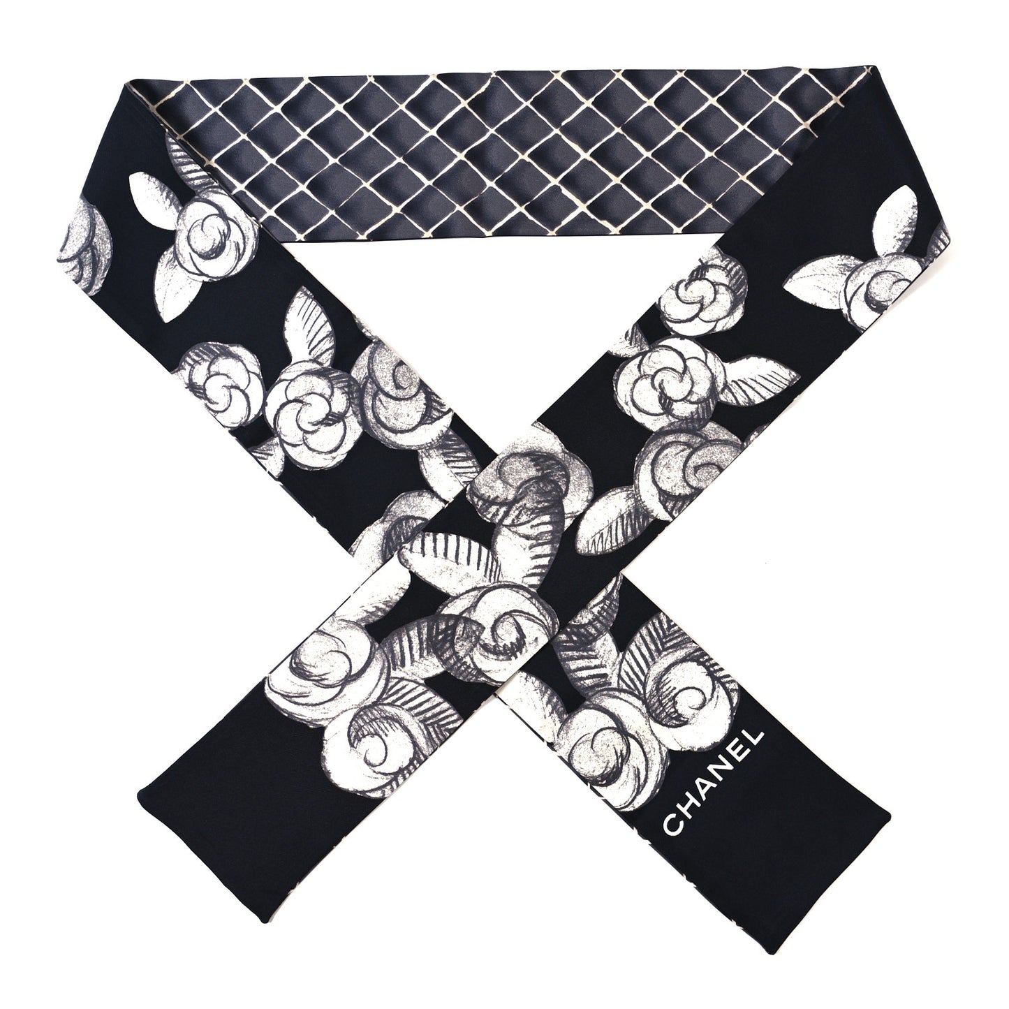 Silk Camellia Bandeau Scarf Black White Grey