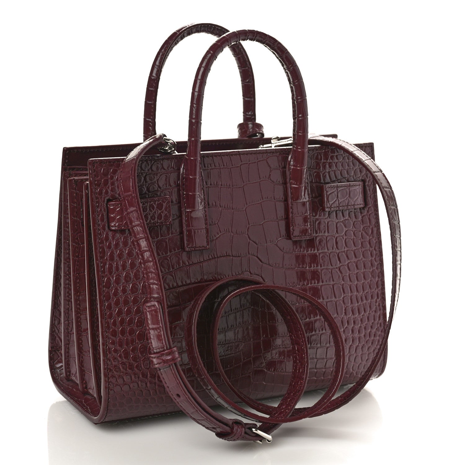 Saint Laurent Calfskin Crocodile Embossed Nano Sac de Jour Bordeaux 3 of 8