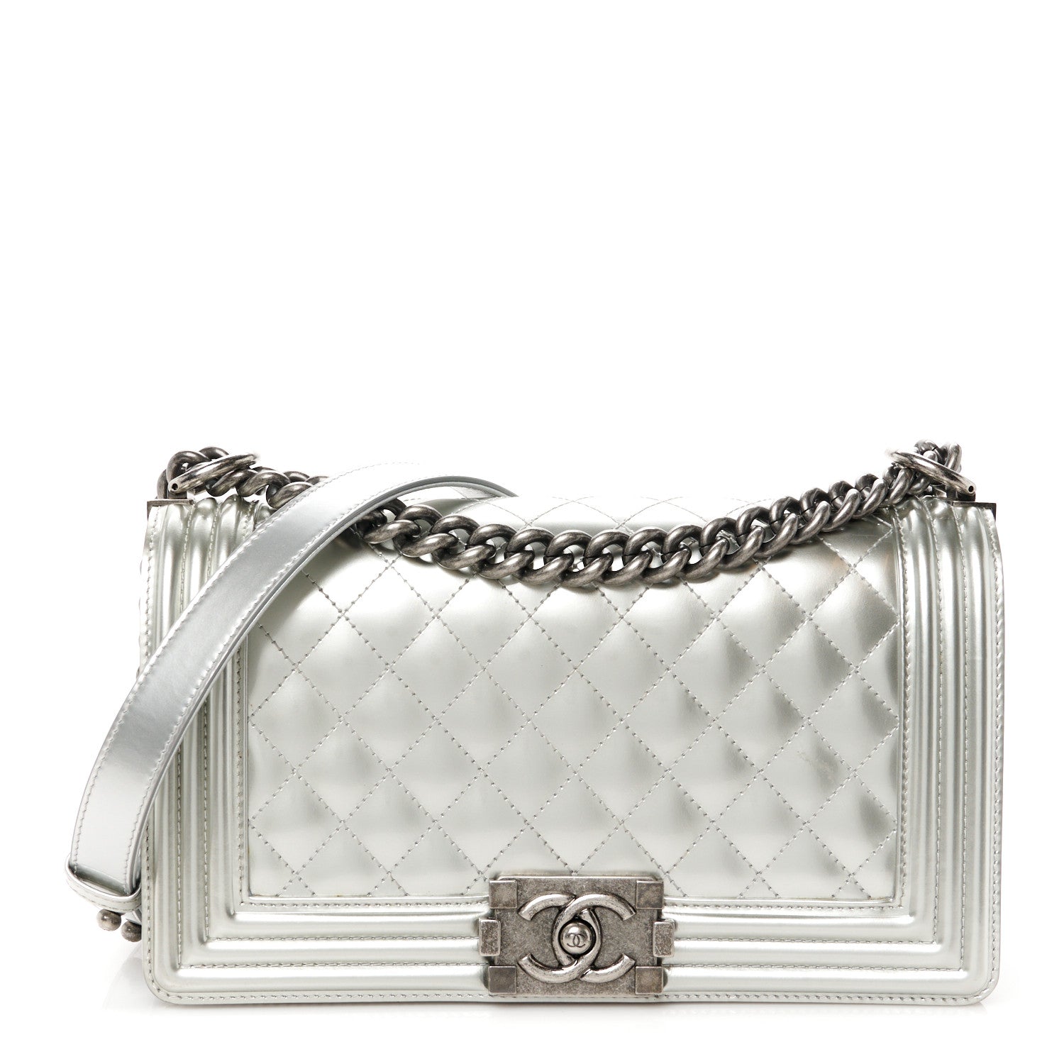 Chanel Metallic Patent Calfskin Quilted Medium Boy Flap Silver 1 of 10