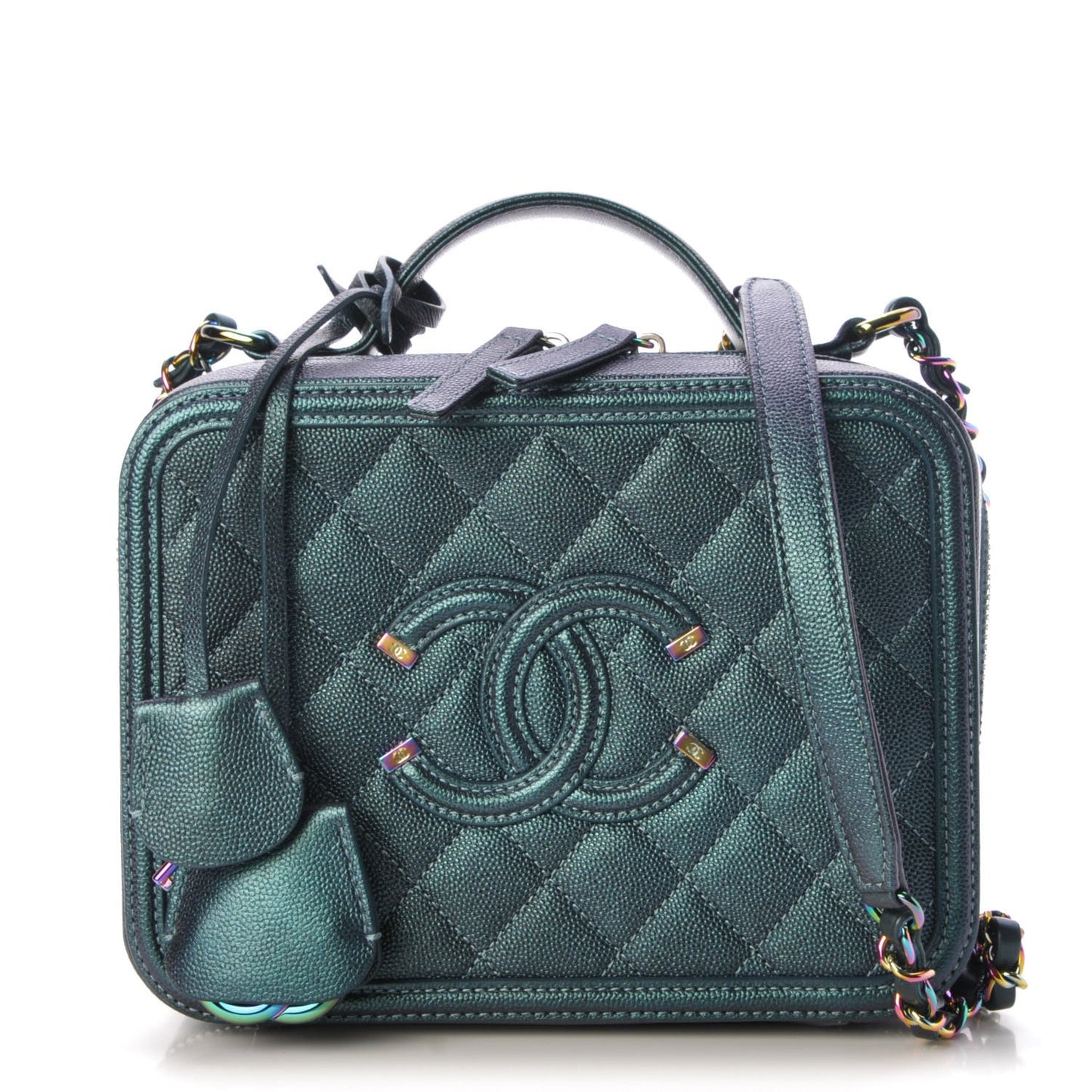 Iridescent Caviar Quilted Medium CC Filigree Vanity Case Dark Turquoise