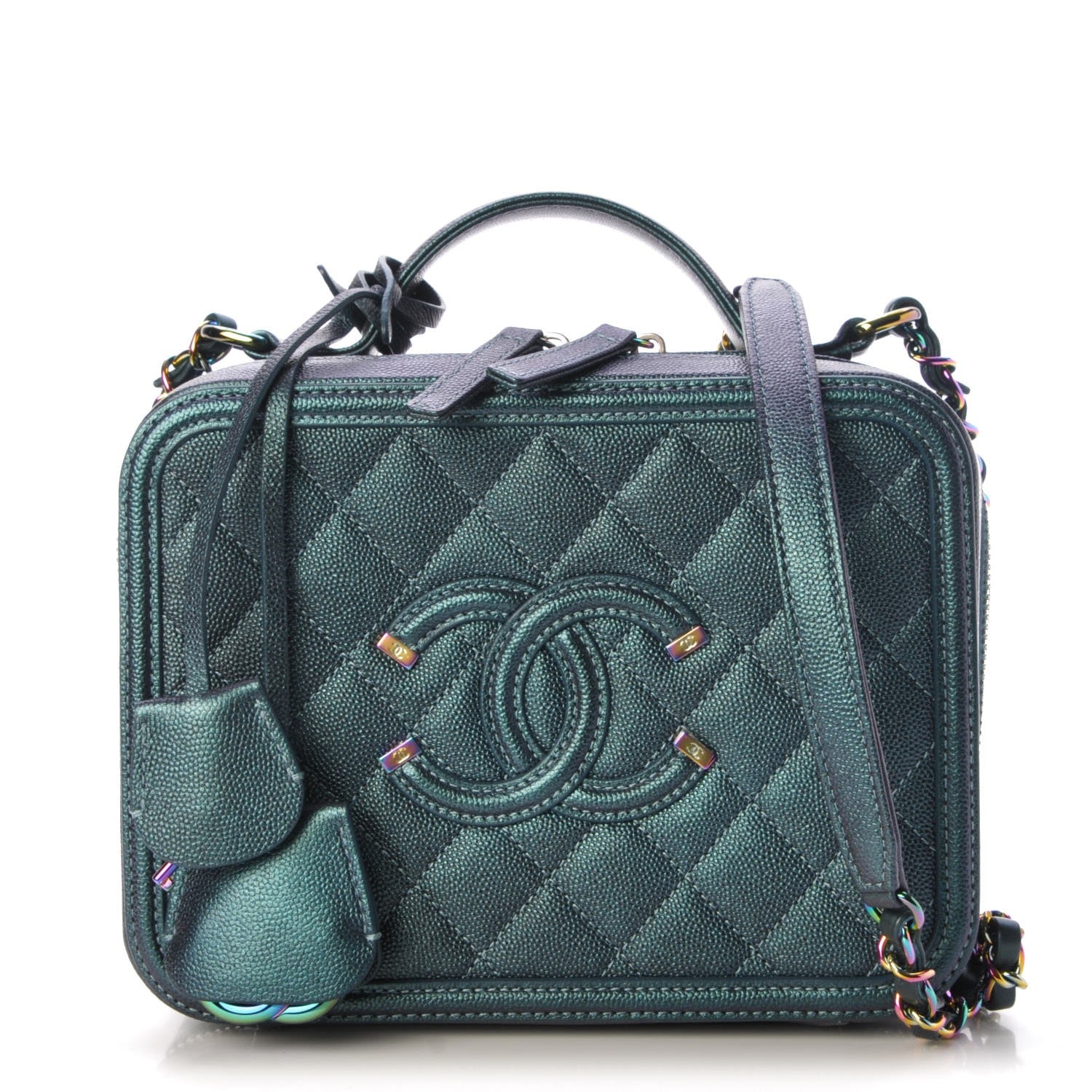 Chanel Iridescent Caviar Quilted Medium CC Filigree Vanity Case Dark Turquoise 1 of 8