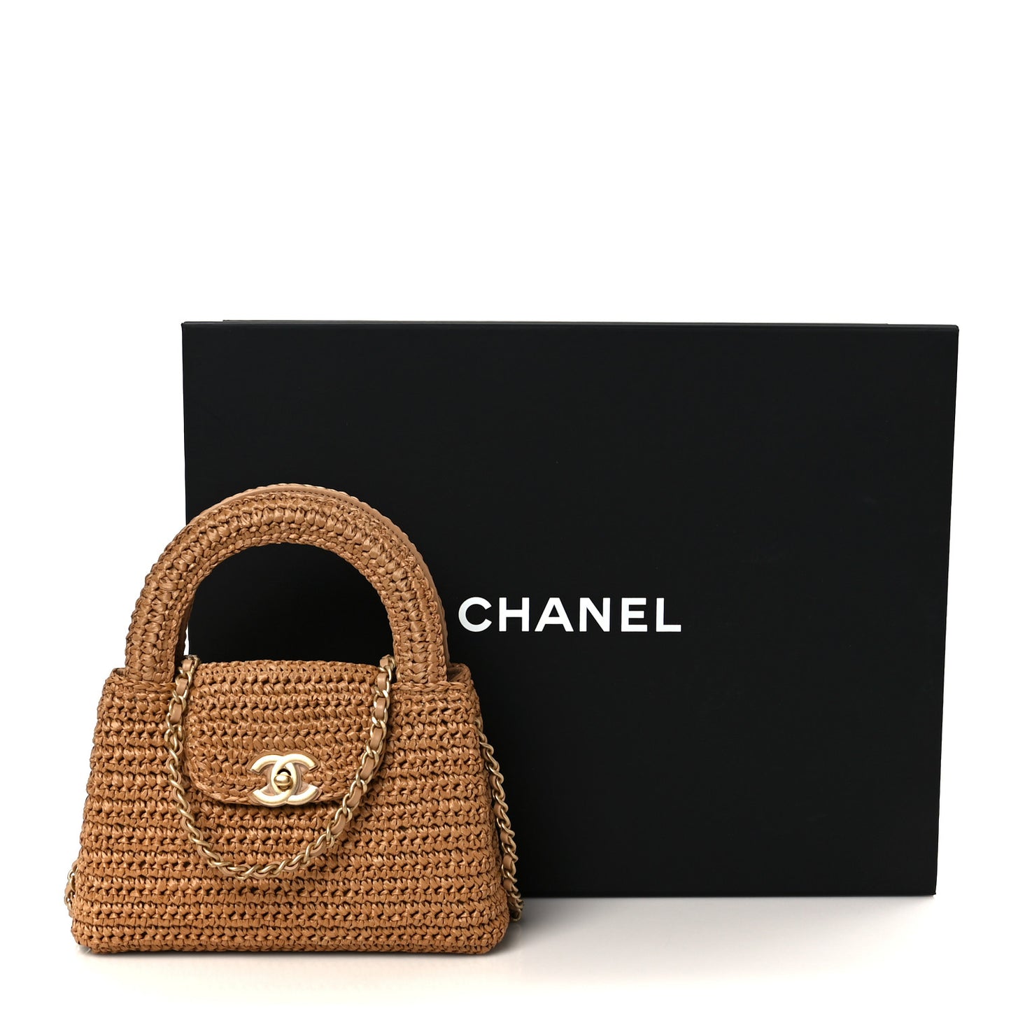 Braided Raffia Nano Kelly Flap Bag Dark Beige
