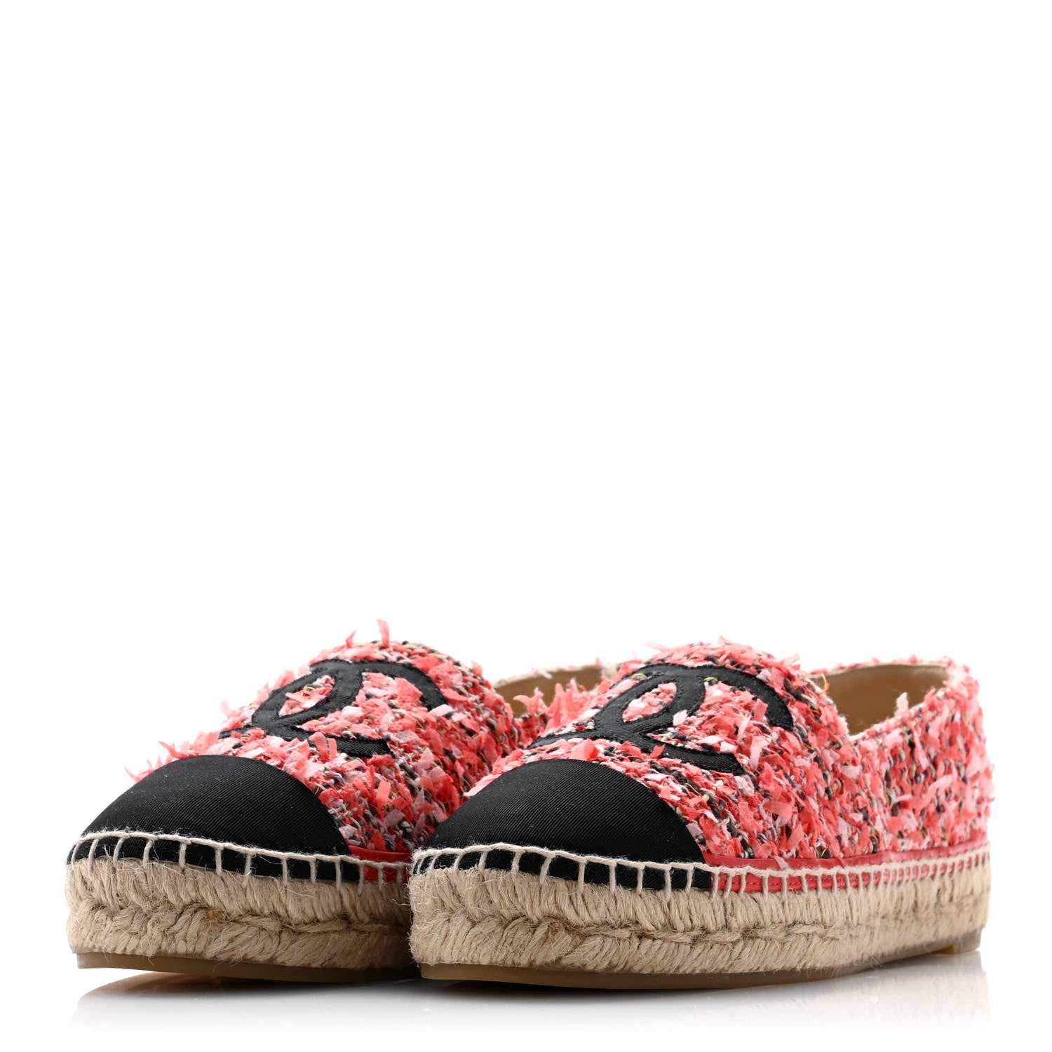 Chanel Tweed Grosgrain CC Espadrilles 38 Coral Red Pink Black 3 of 9
