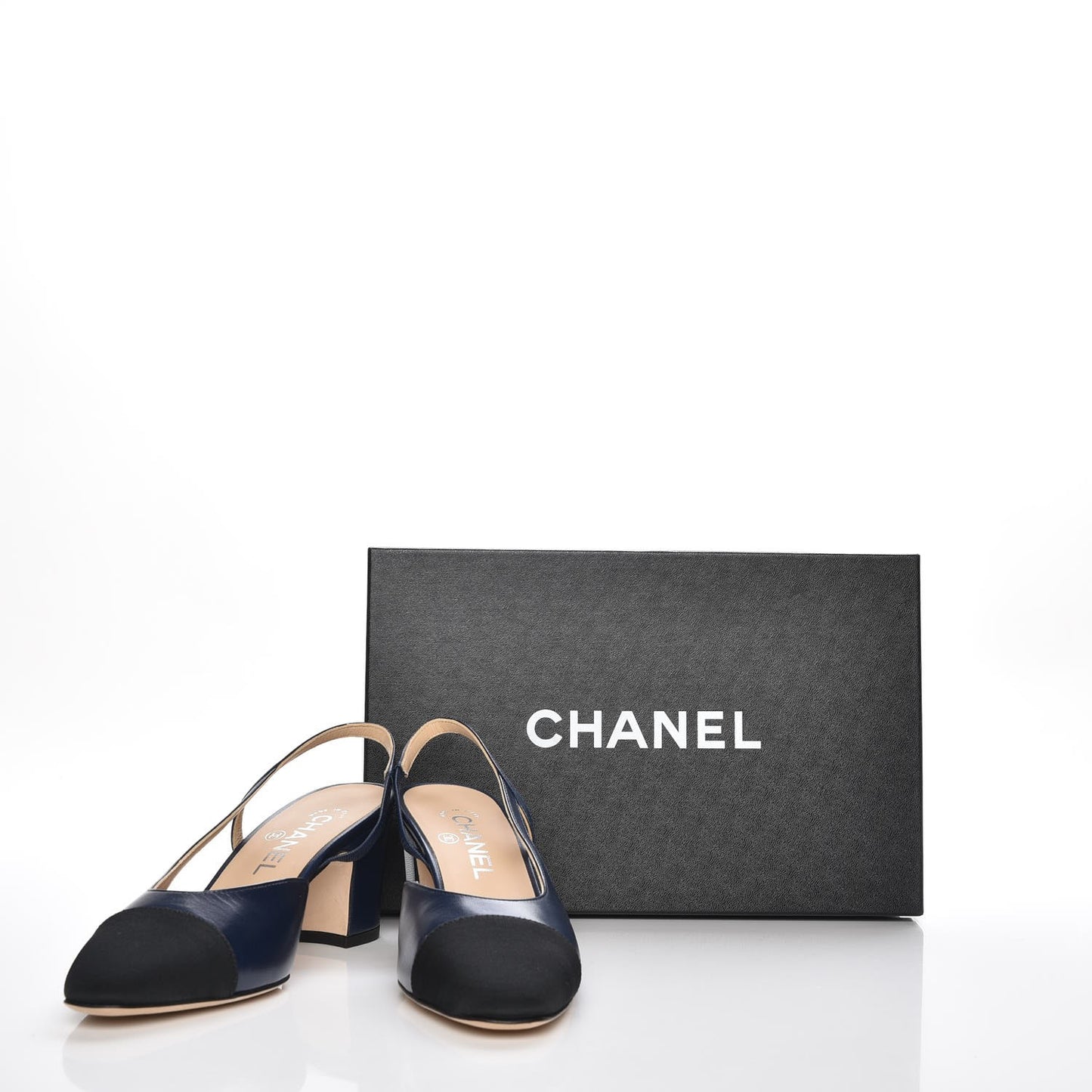 Lambskin Grosgrain Cap Toe CC Slingback Sandals 37.5 Navy Black