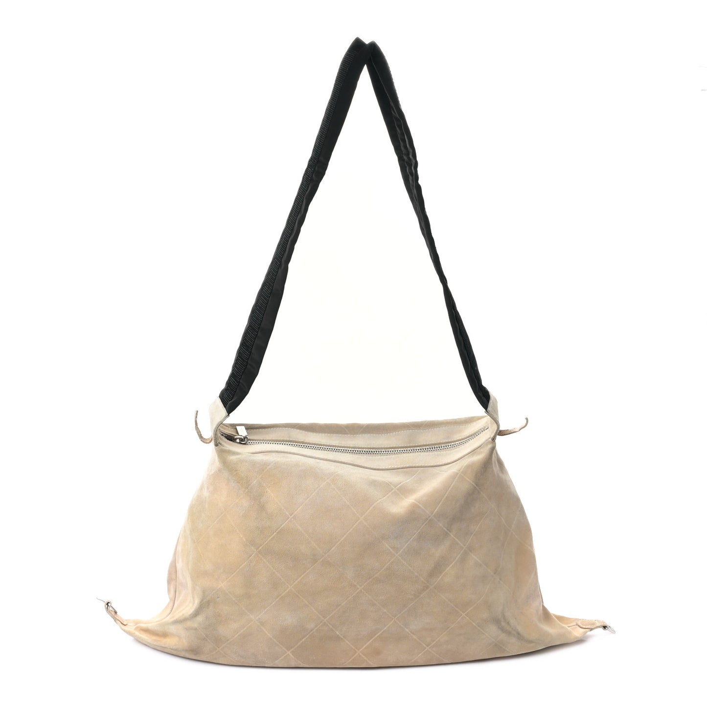 Suede Nylon Stitched Hobo Messenger Bag Beige Brown