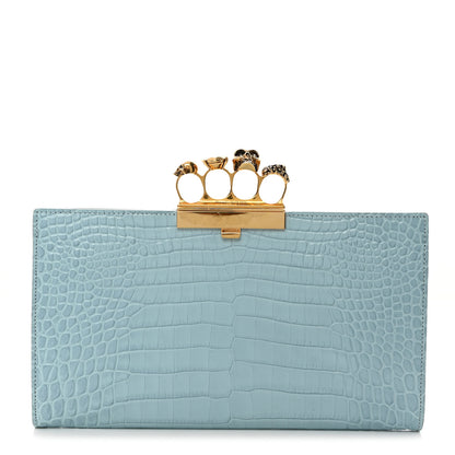 Alexander McQueen ALEXANDER MCQUEEN Calfskin Crocodile Embossed Knuckle Flat Clutch Light Blue 1 of 10
