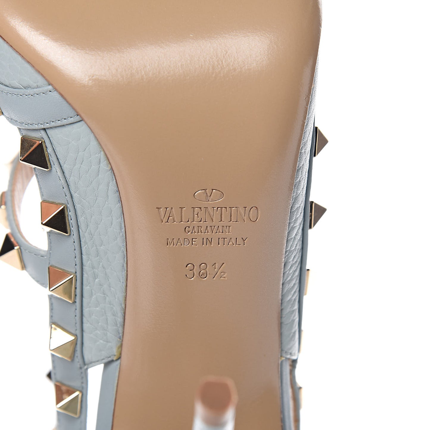 Pebbled Calfskin Rockstud Ankle Strap 100mm Pumps 38.5 Sky Sorbet