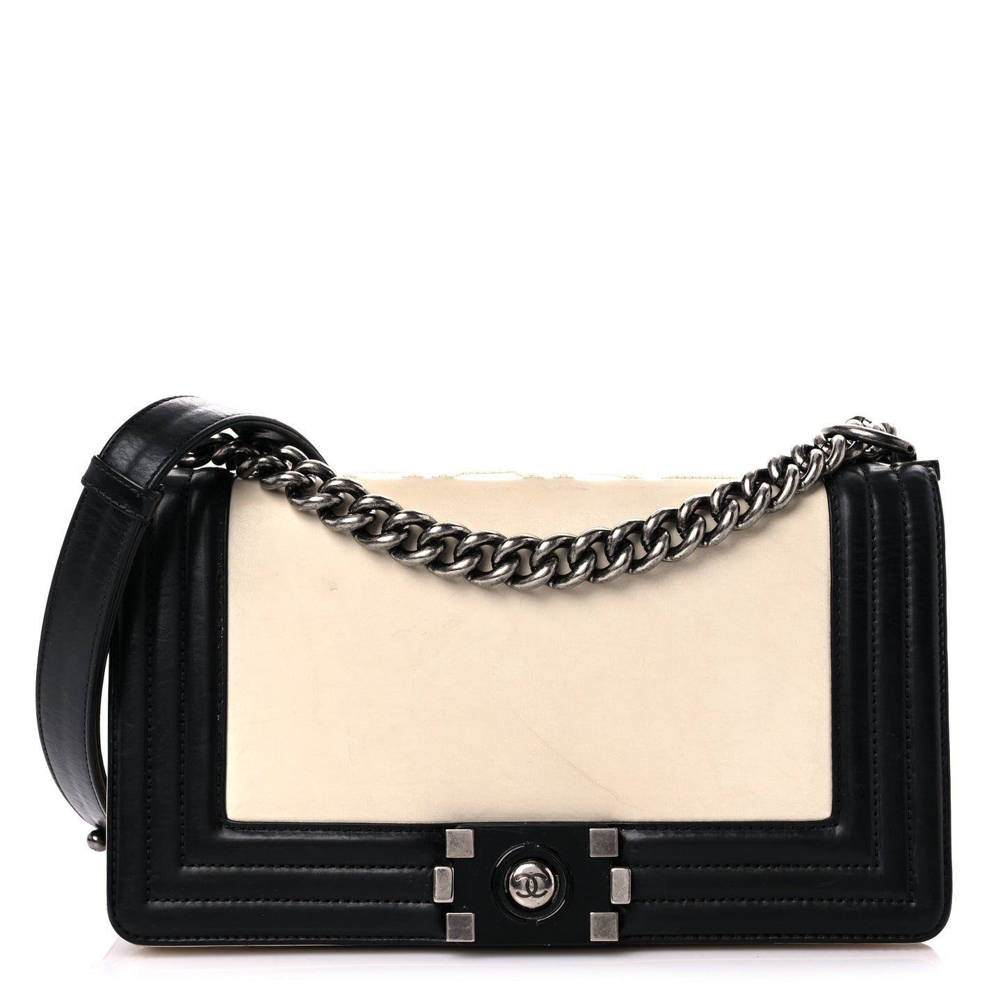 Glazed Calfskin Medium Boy Flap White Black