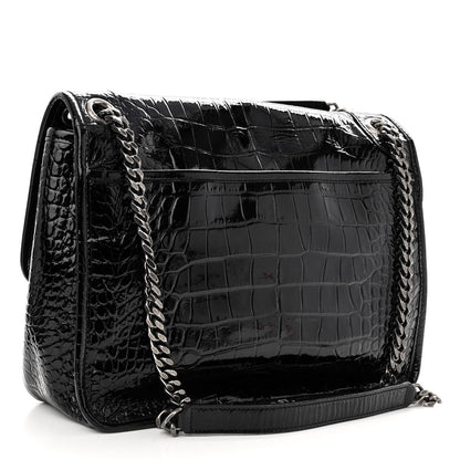 Saint Laurent Patent Crocodile Embossed Lambskin Monogram Medium Niki Chain Satchel Black 3 of 9