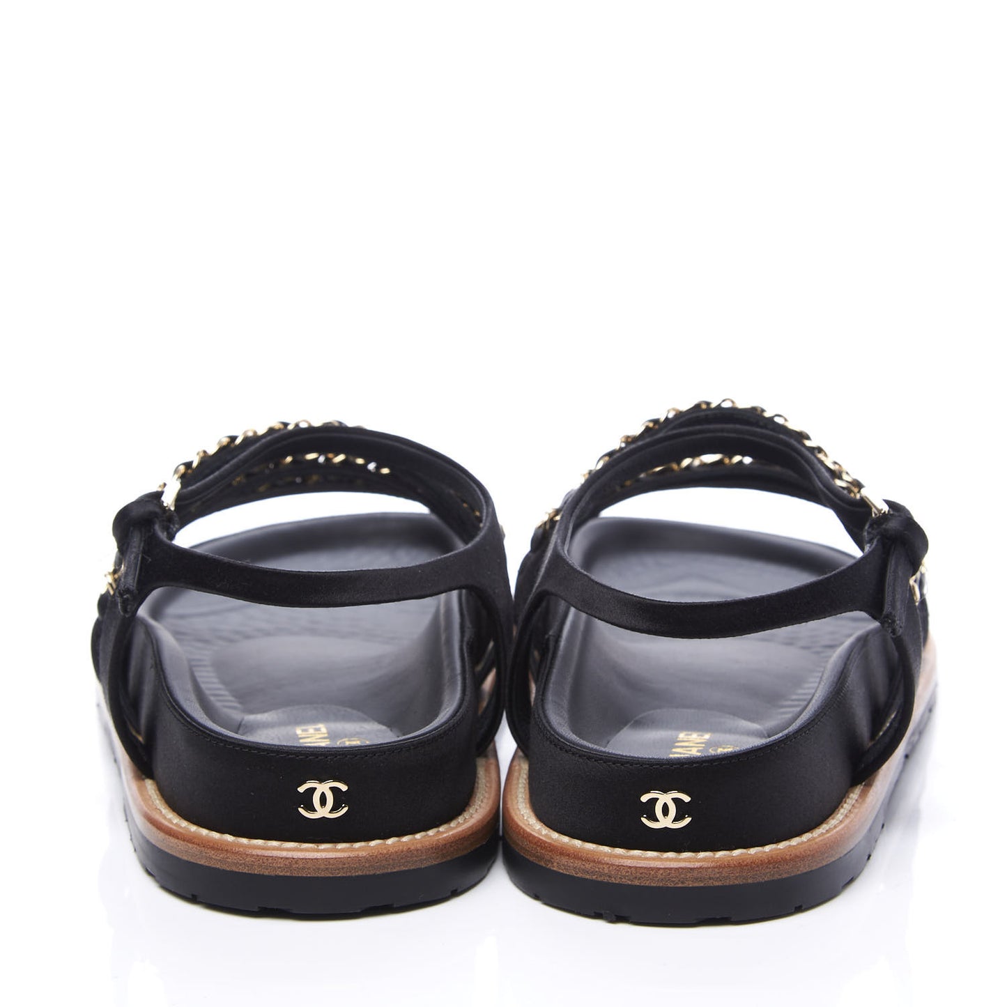 Satin Lambskin Chain Flat Sandals 38.5 Black