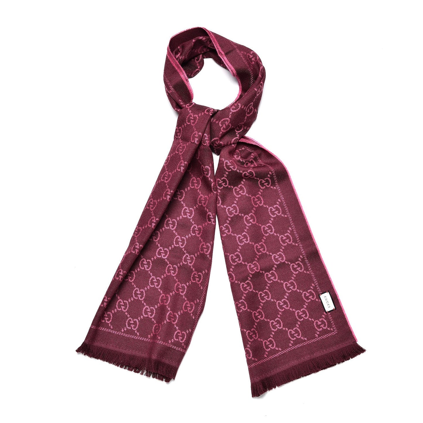 Wool Jacquard GG Monogram Sten Fringe Scarf Magenta Bordeaux