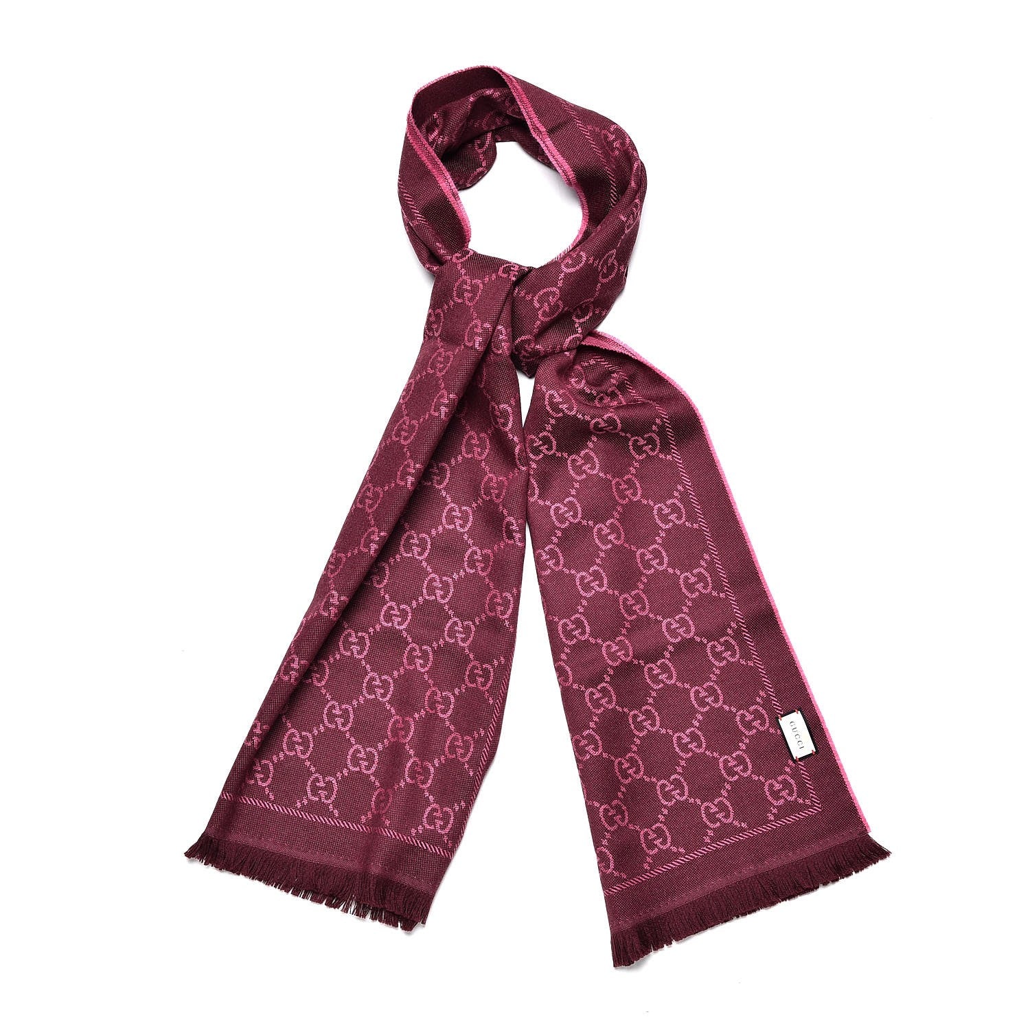 Gucci Wool Jacquard GG Monogram Sten Fringe Scarf Magenta Bordeaux 1 of 6