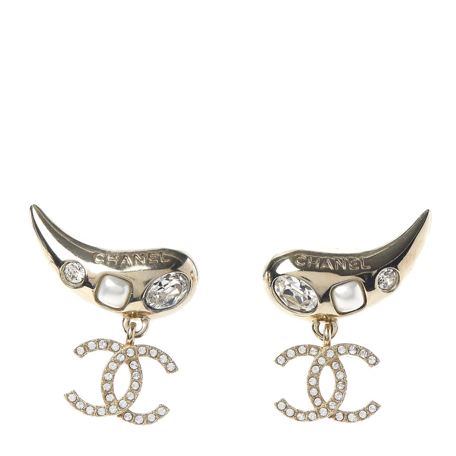 Chanel Crystal Pearl CC Drop Earrings Gold 1 of 4