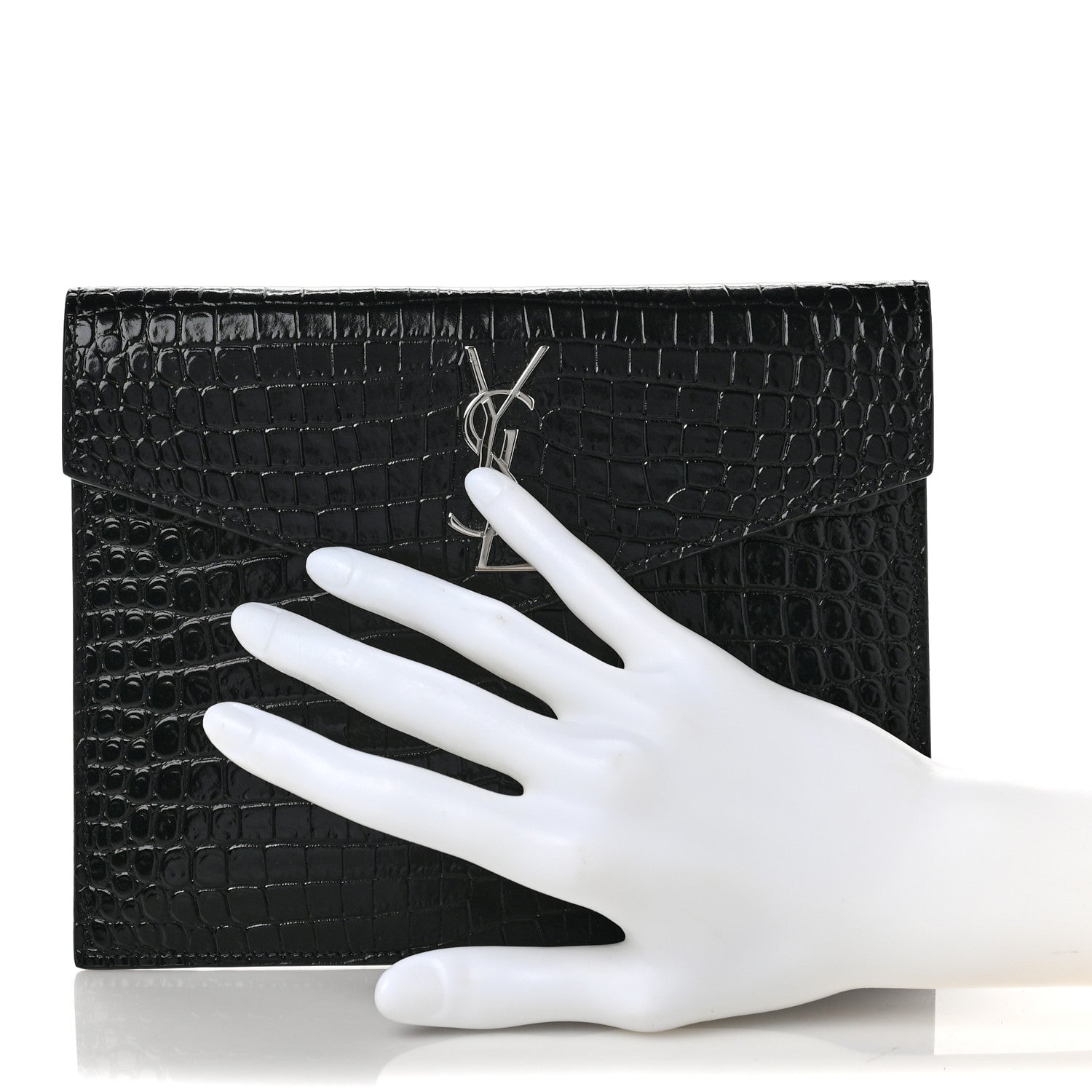 Saint Laurent Calfskin Crocodile Embossed Monogram Uptown Baby Pouch Black 2 of 6