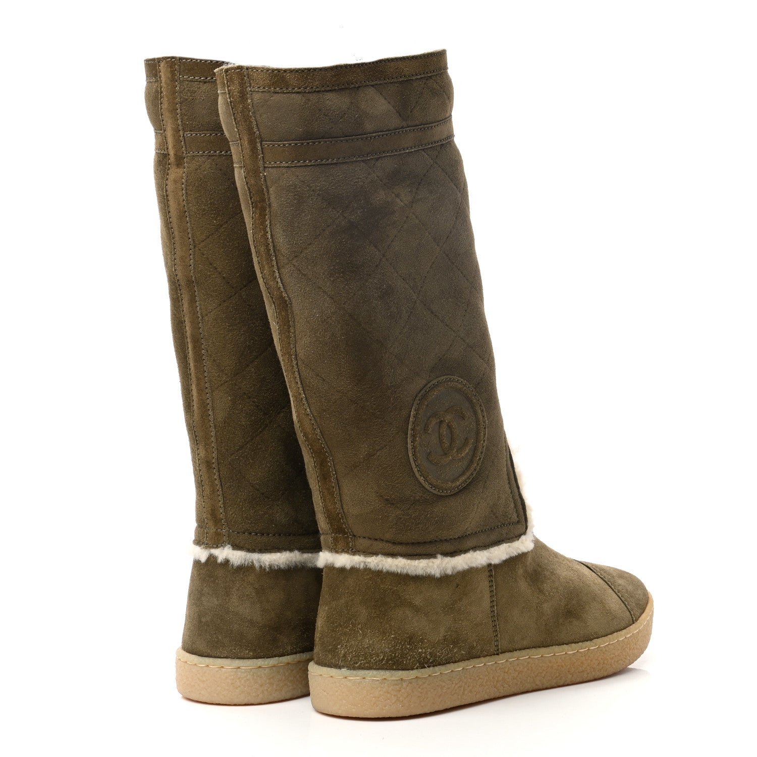 Chanel Suede Shearling Boots 36.5 Khaki 4 of 8