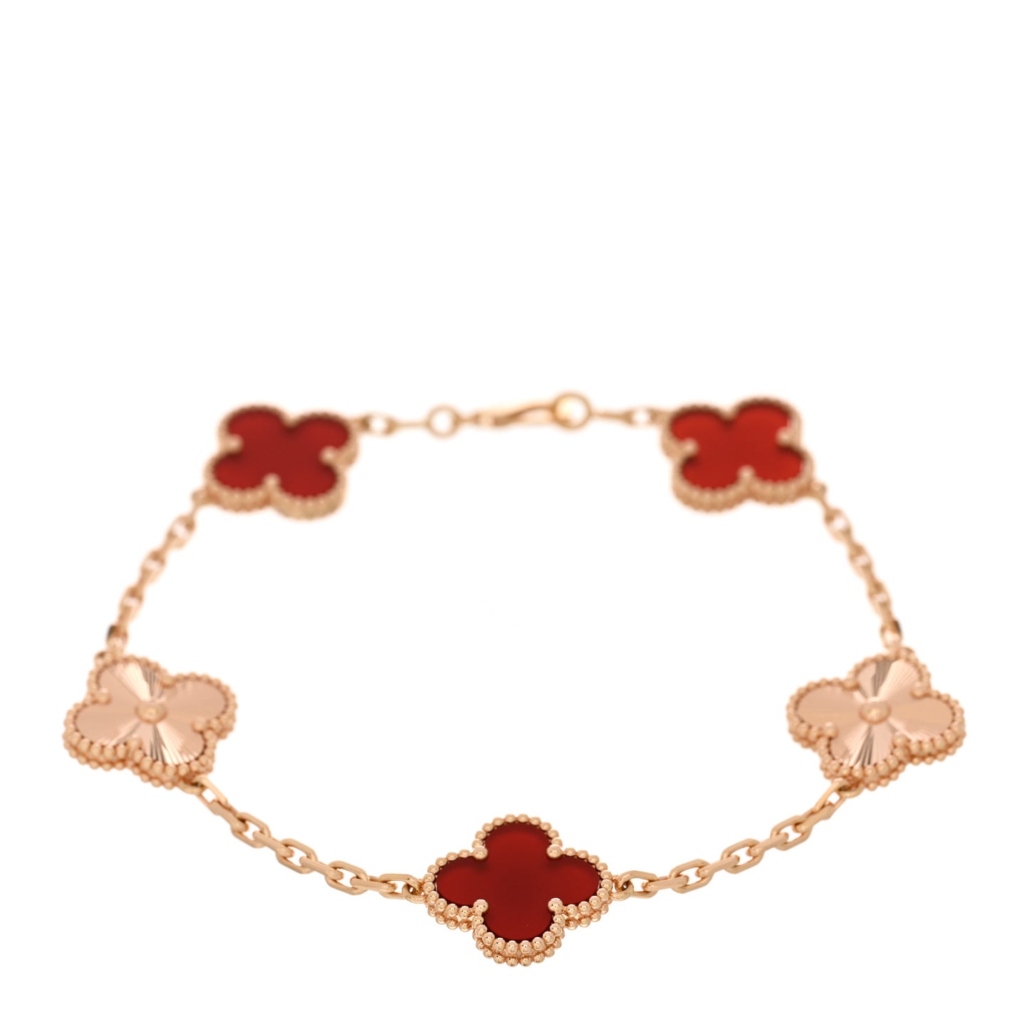 18K Rose Gold Carnelian 5 Motifs Guilloche Vintage Alhambra Bracelet