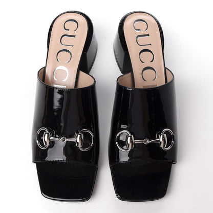 Gucci Patent Lexi Horsebit Mid-Heel Slide Sandals 38.5 Black 5 of 12