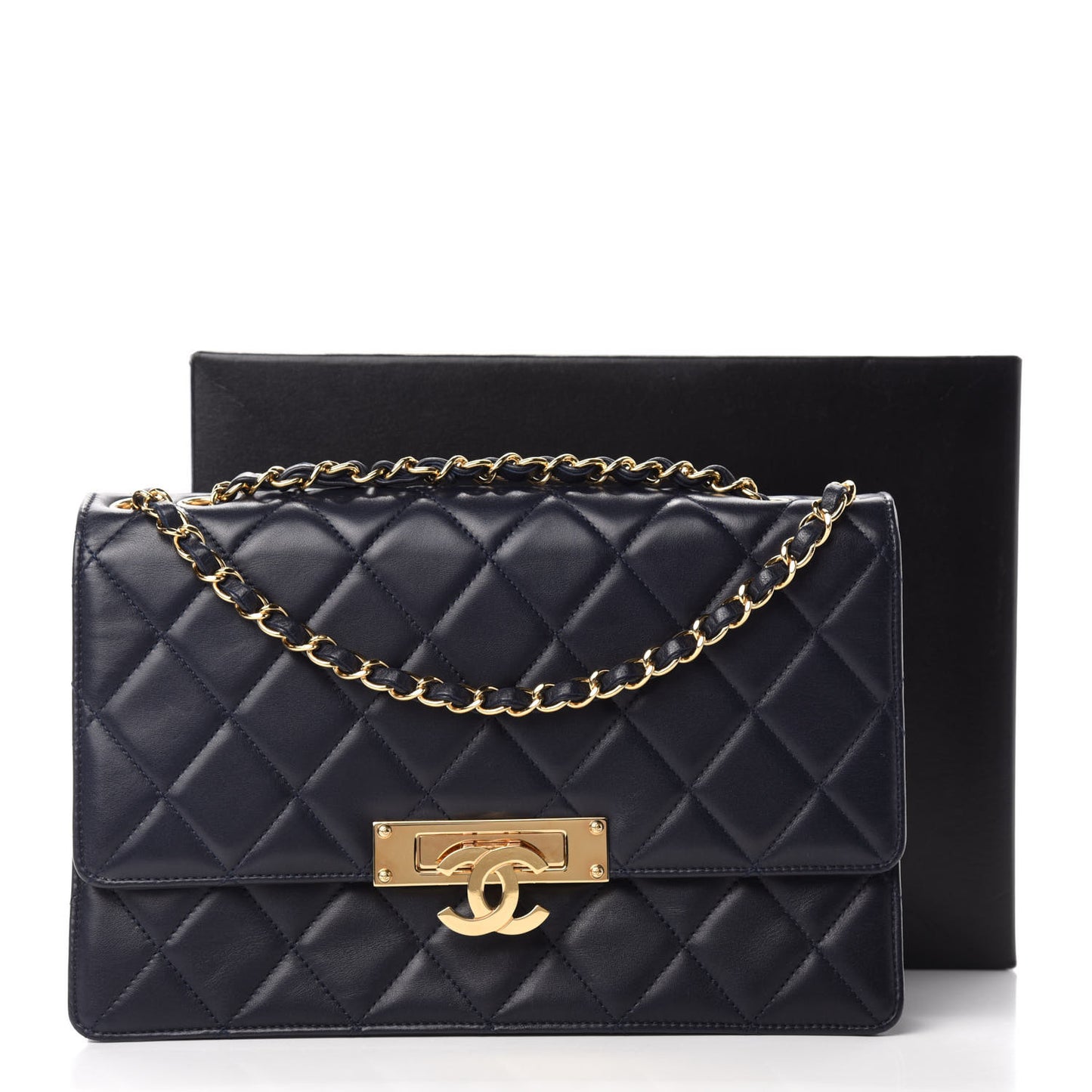 Lambskin Quilted Large Golden Class Flap Navy