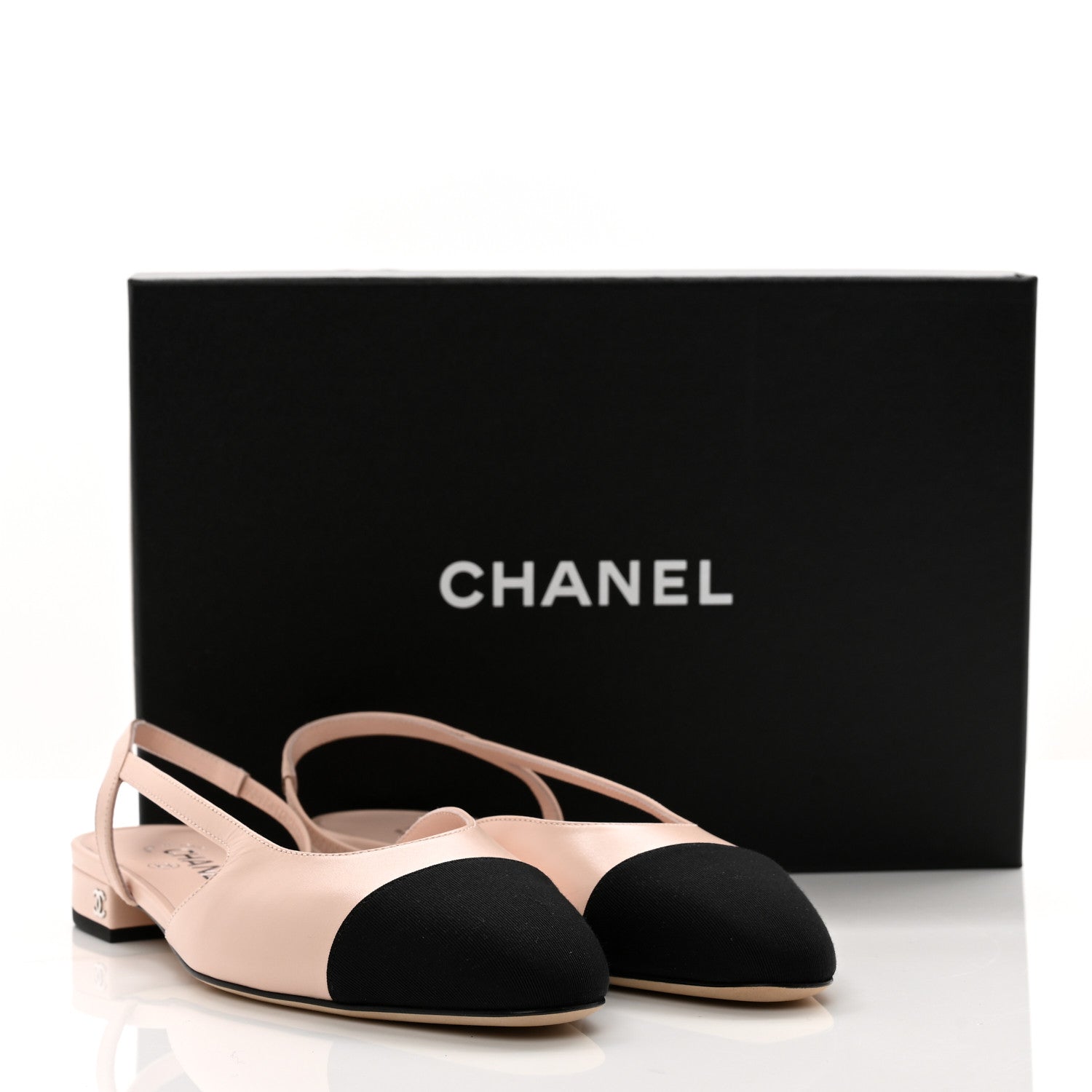 Chanel Calfskin Grosgrain Cap Toe CC Slingback Flats 38 Light Pink Black 9 of 9