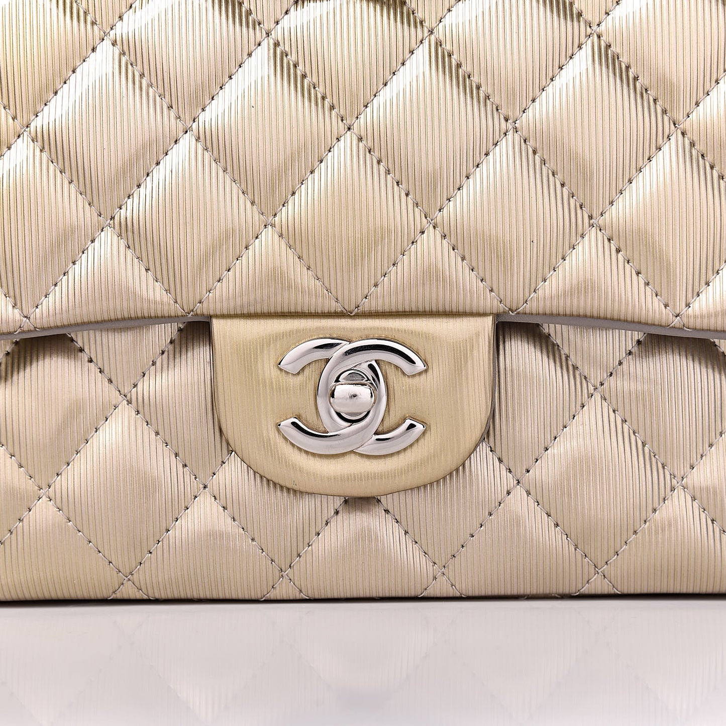 Striated Patent Quilted Medium Double Flap Gold