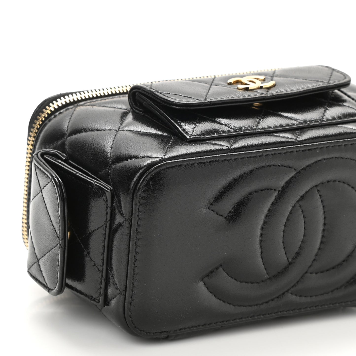 Lambskin Quilted Polly Pocket East West Top Vanity With Chain Black