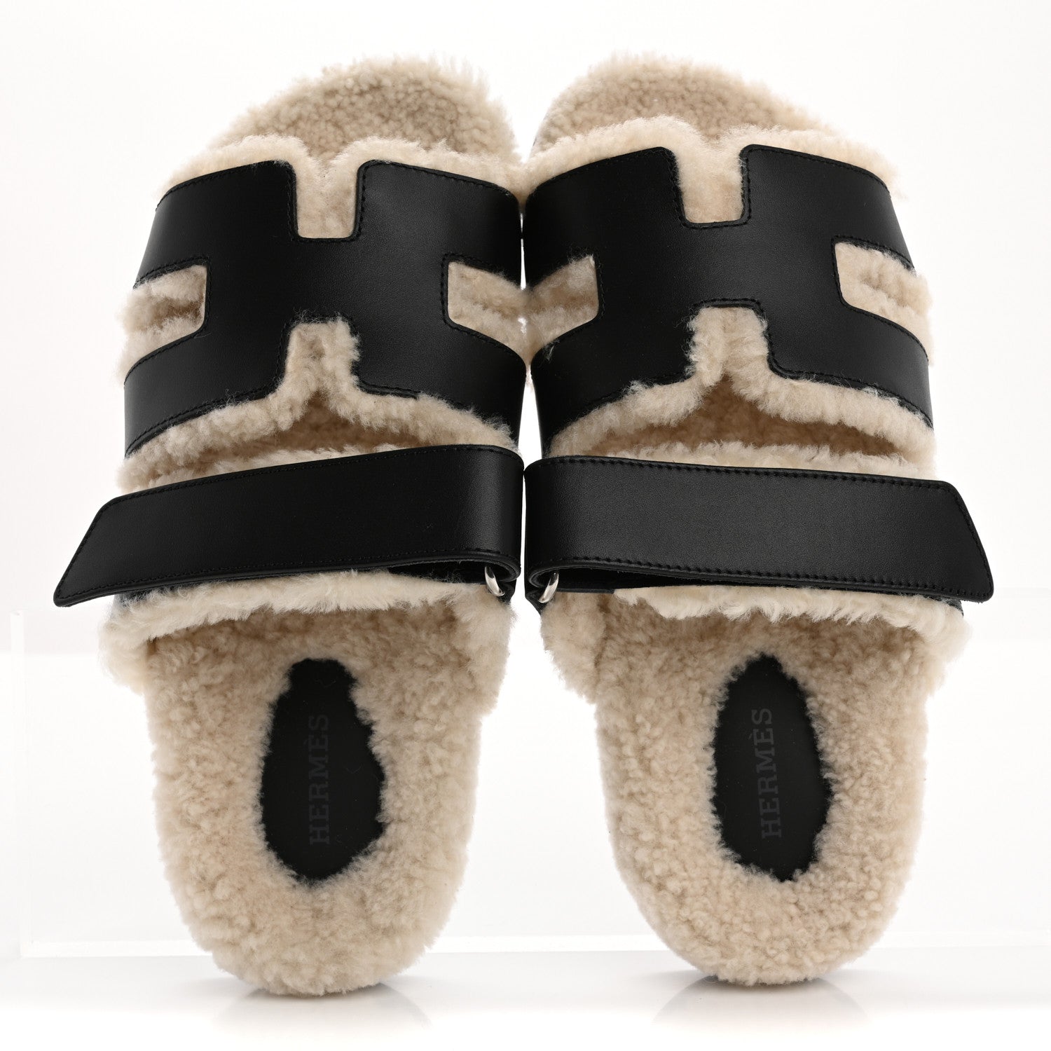 Hermes Glazed Nappa Woolskin Womens Chypre Sandals 38 Black Ecru 2 of 9