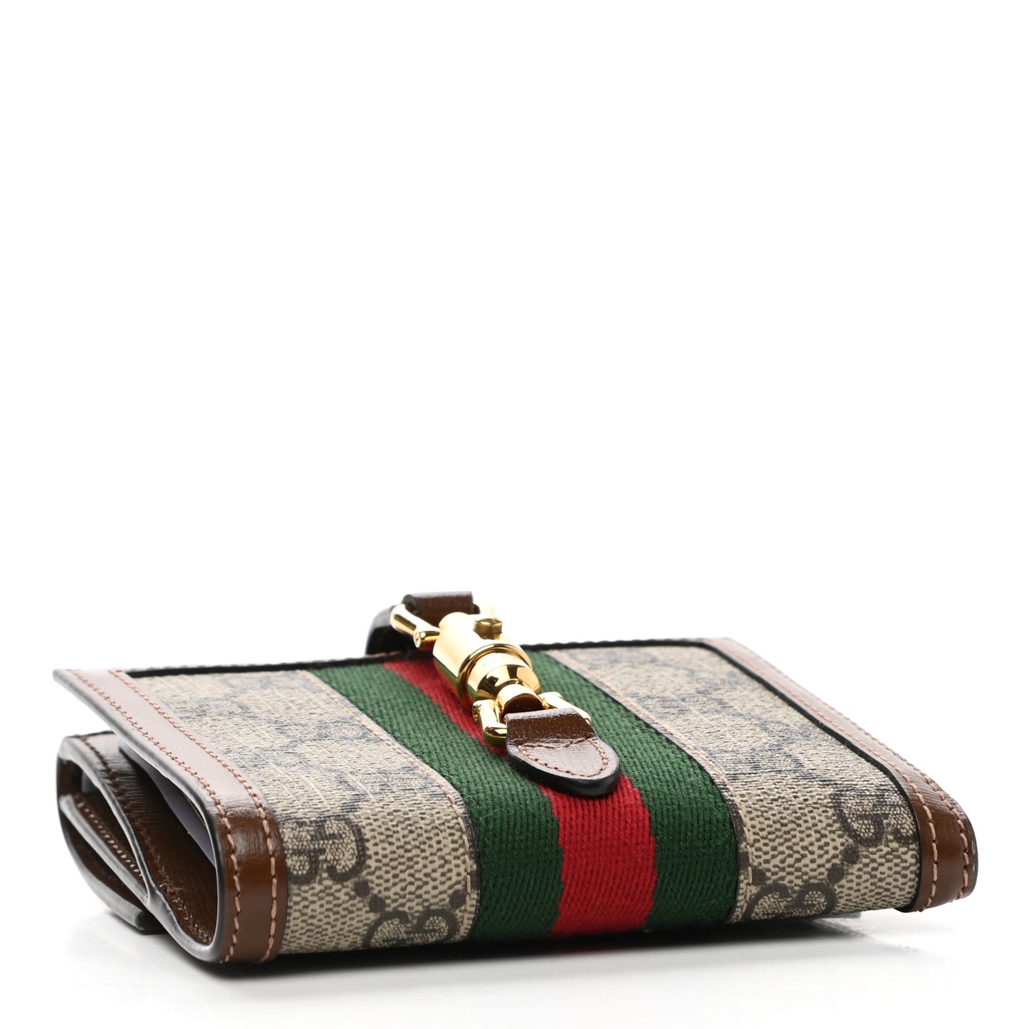 GG Supreme Monogram Textured Calfskin Web Jackie 1961 French Flap Wallet Beige Ebony Brown Sugar
