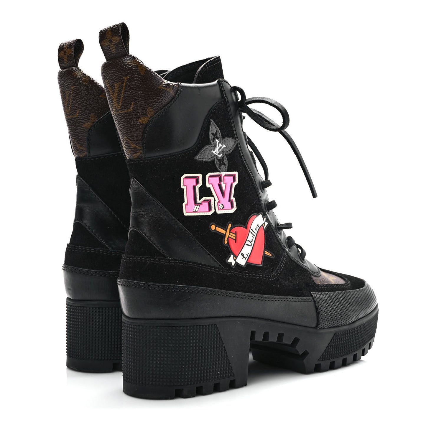 Suede Calfskin Monogram LV Black Heart Laureate Platform Desert Boots 37.5 Black