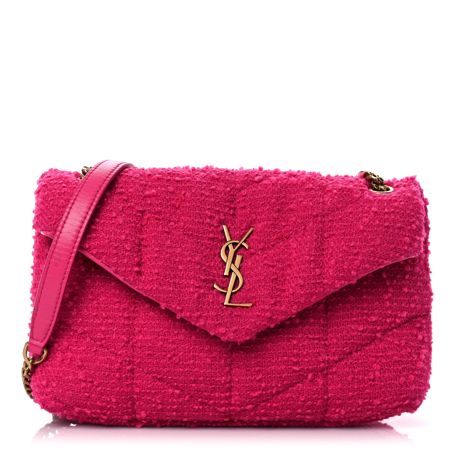 Saint Laurent Boucle Tweed Quilted Toy Loulou Puffer Monogram Chain Satchel Magenta 1 of 10