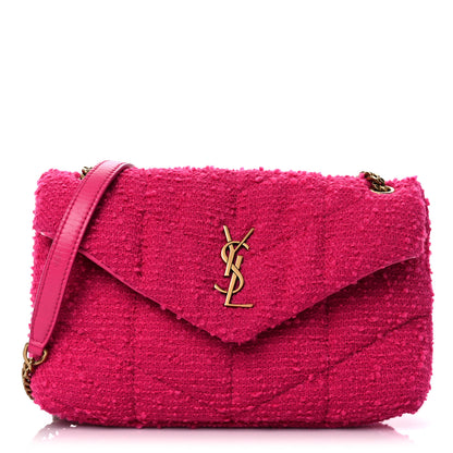 Saint Laurent Boucle Tweed Quilted Toy Loulou Puffer Monogram Chain Satchel Magenta 1 of 10