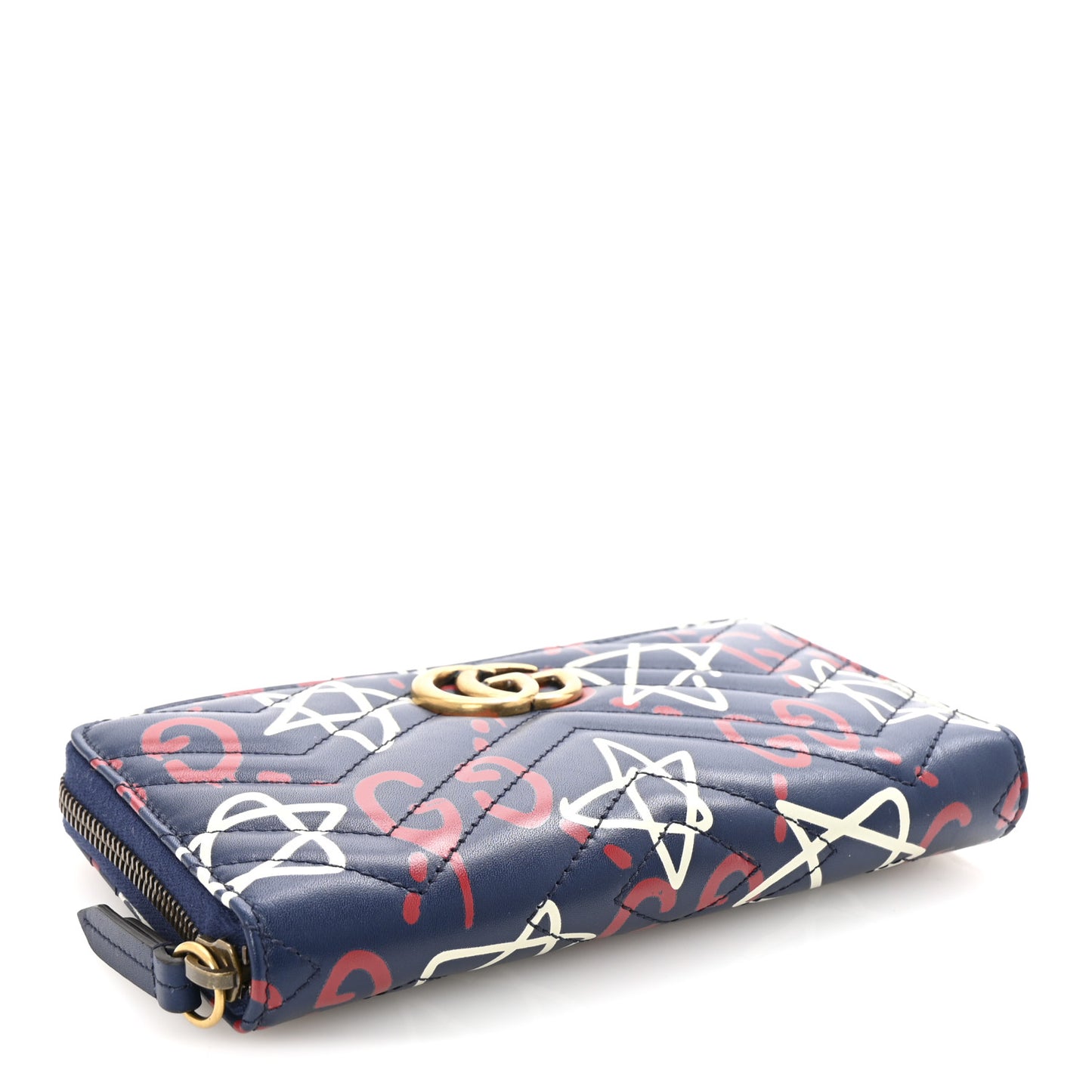 Calfskin Matelasse GucciGhost GG Marmont Zip Around Wallet Blue Agata Hibiscus Red