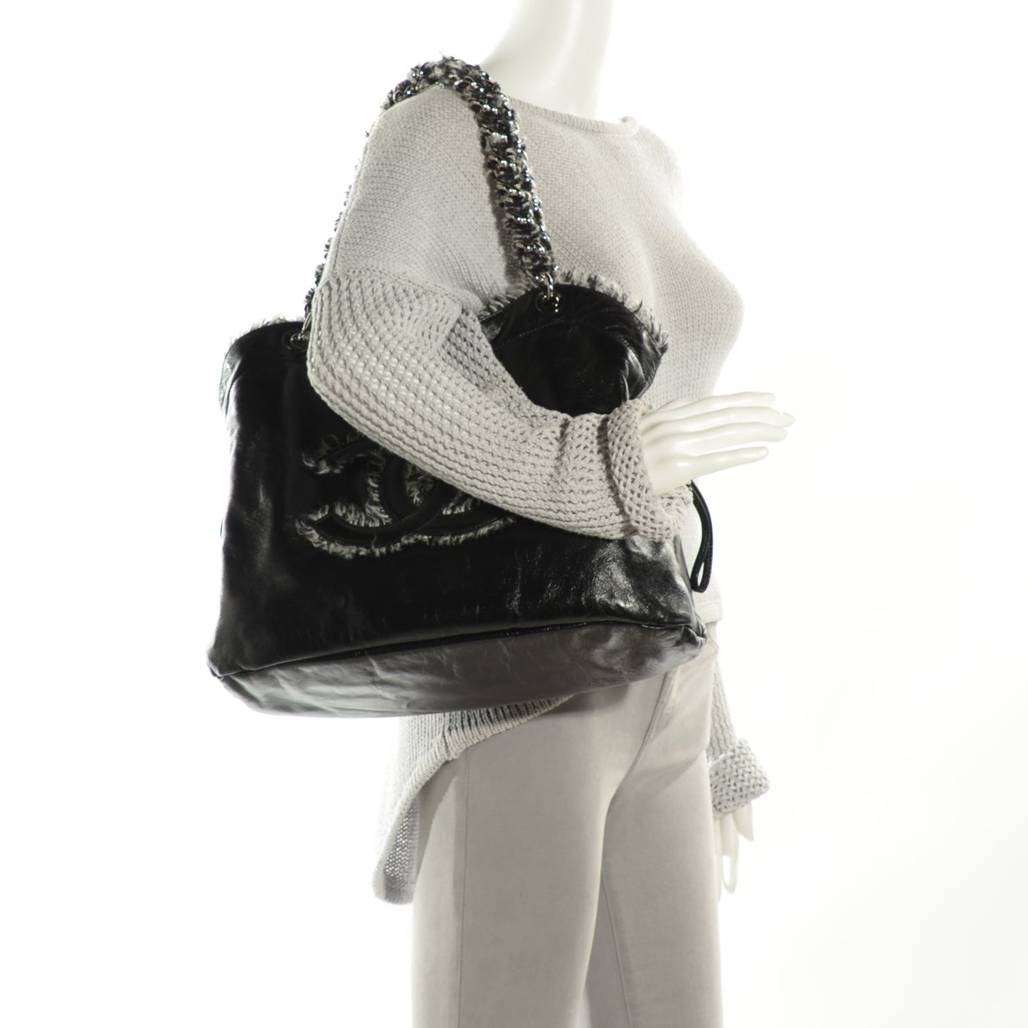 Tweed Lambskin Drawstring Tweedy Tote Black