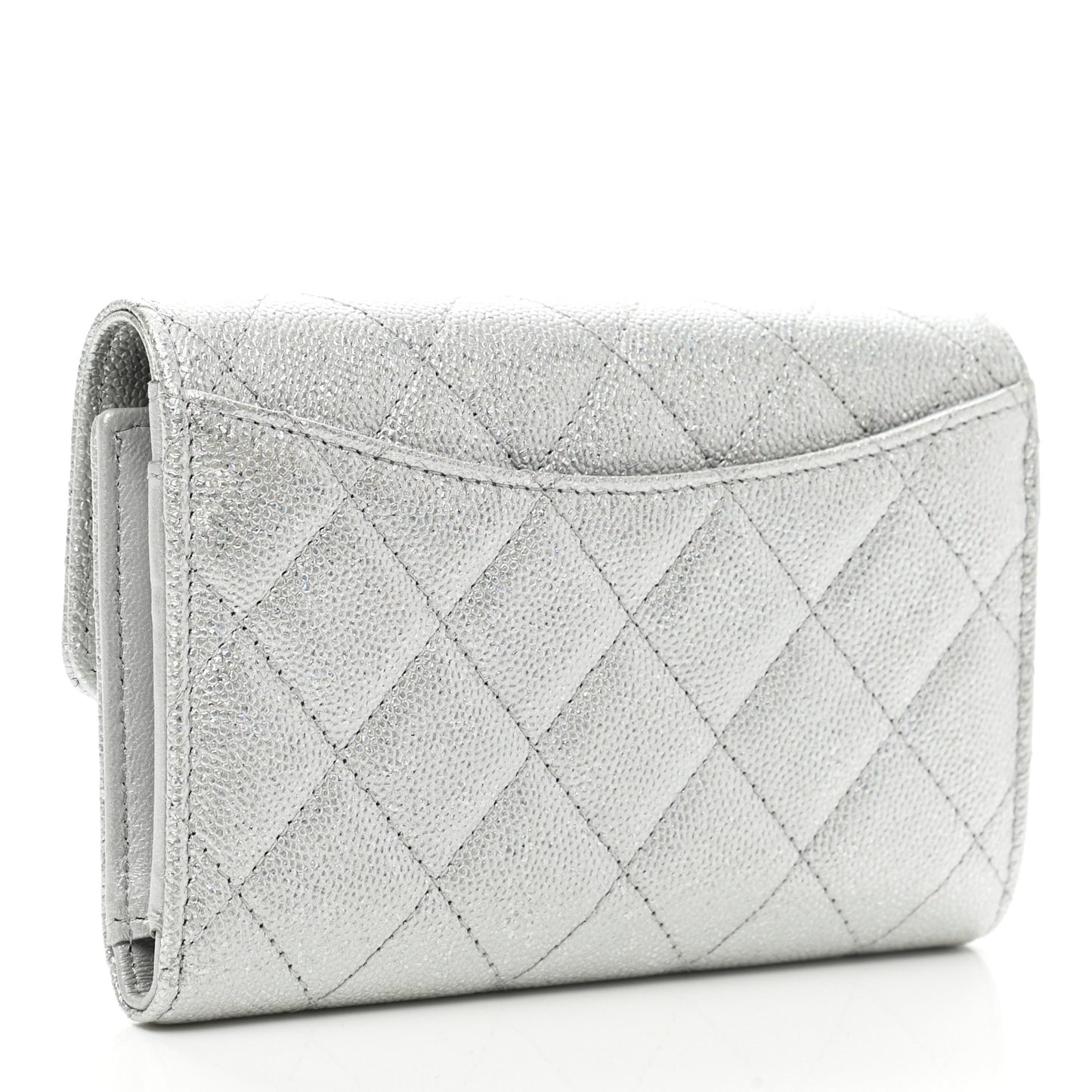 Glittered Metallic Caviar Quilted Medium Flap Wallet Silver