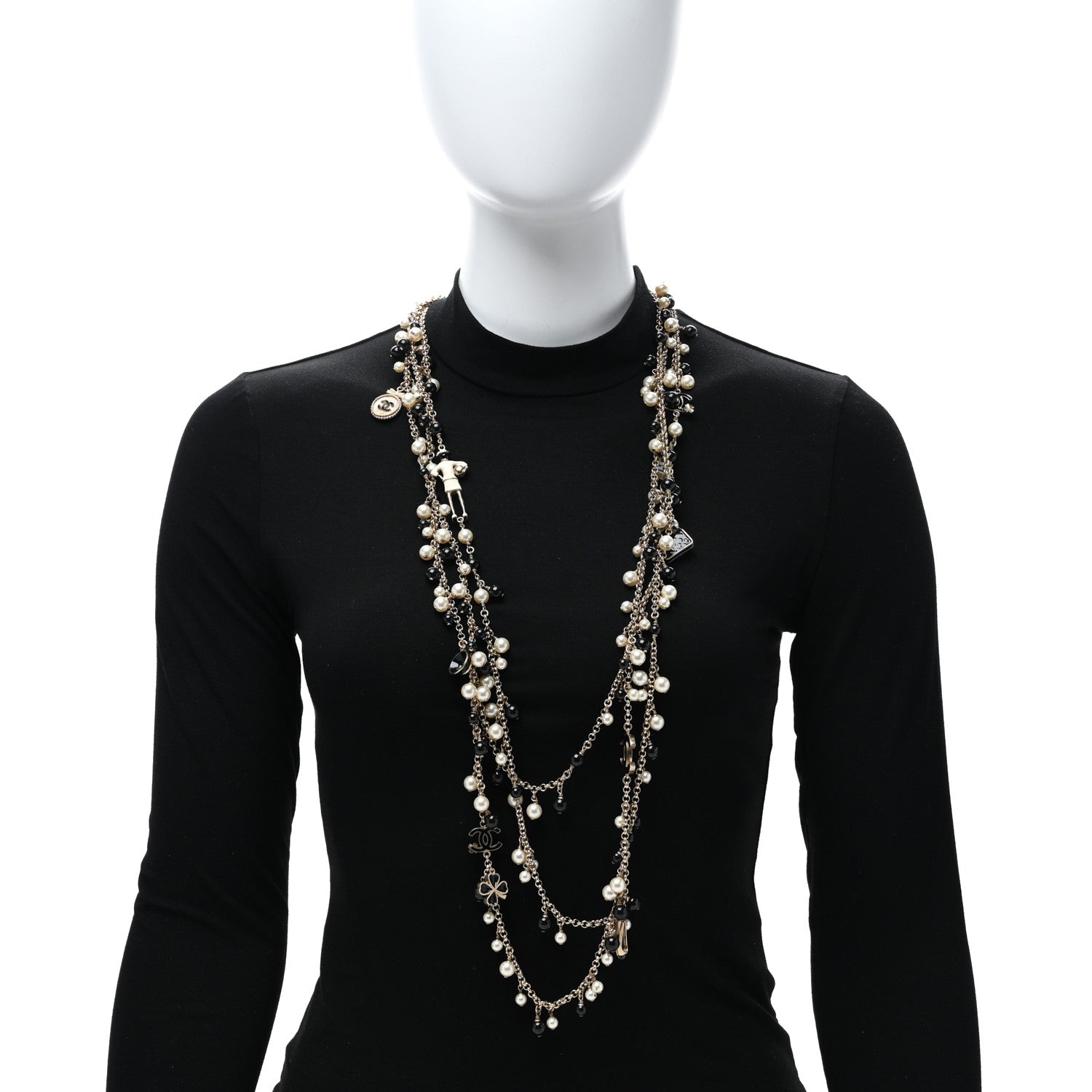 Chanel Pearl Enamel CC Clover Multi Strand Long Necklace Gold Black 3 of 4