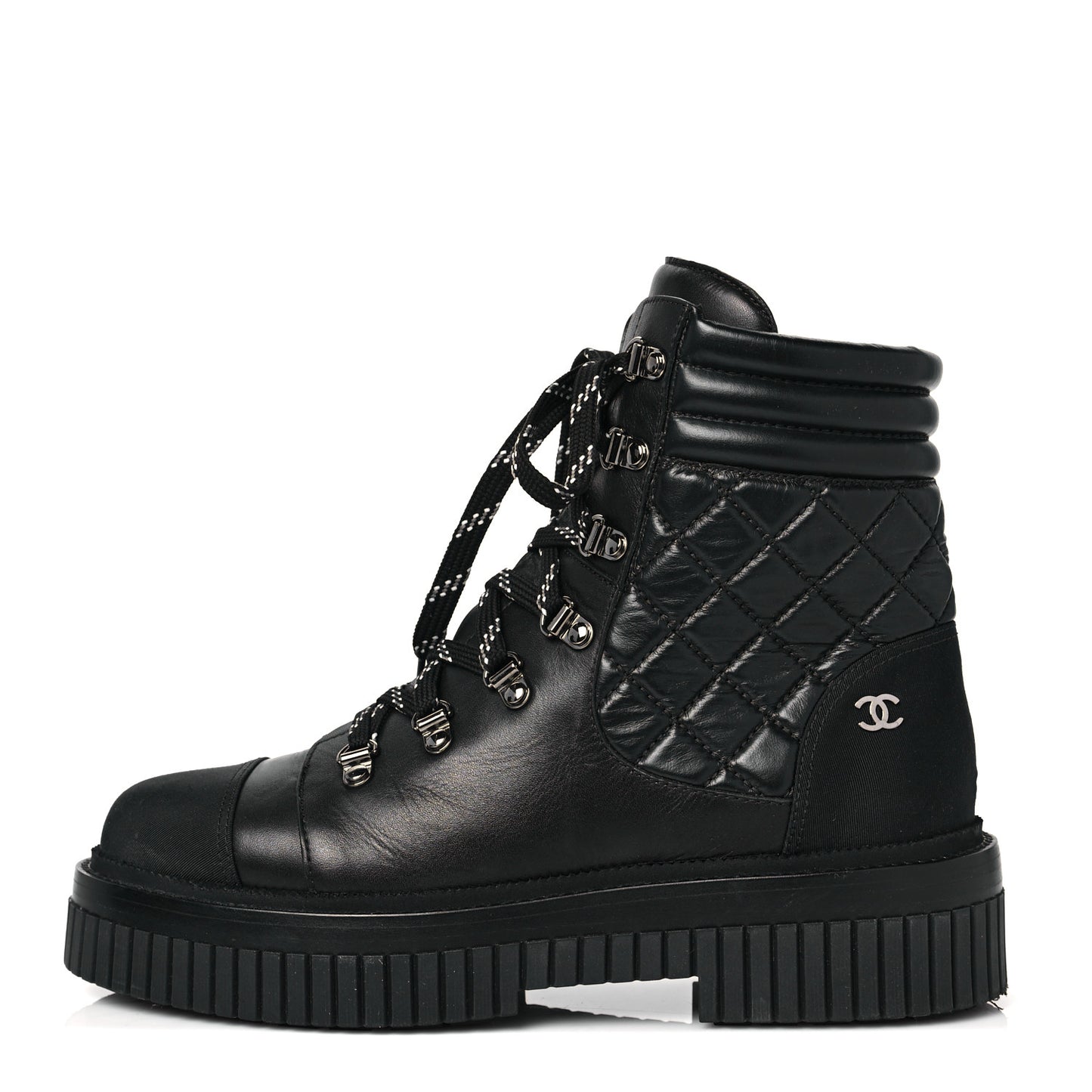 Calfskin Grosgrain Quilted Lace Up Boots 40 Black Grey
