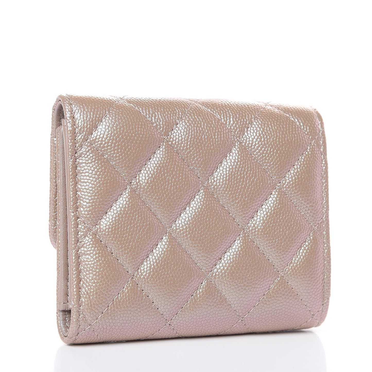 Iridescent Caviar Quilted Small Flap Wallet Beige