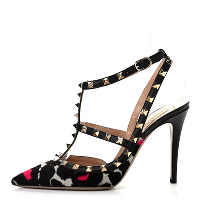 Valentino Garavani Calf Hair Leopard Print Rockstud Ankle Strap Pumps 38.5 Black Pink 1 of 8