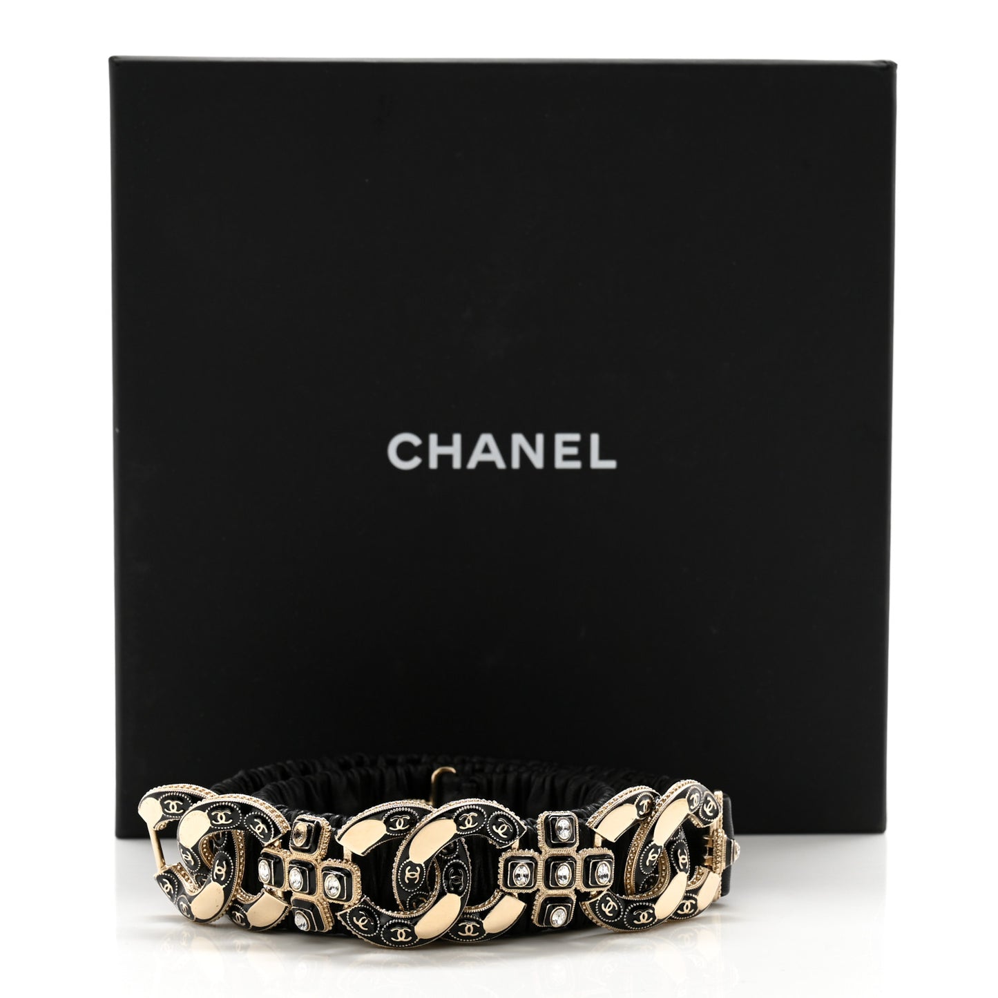 Lambskin Enamel Crystal Ruched CC Belt 85 34 Black