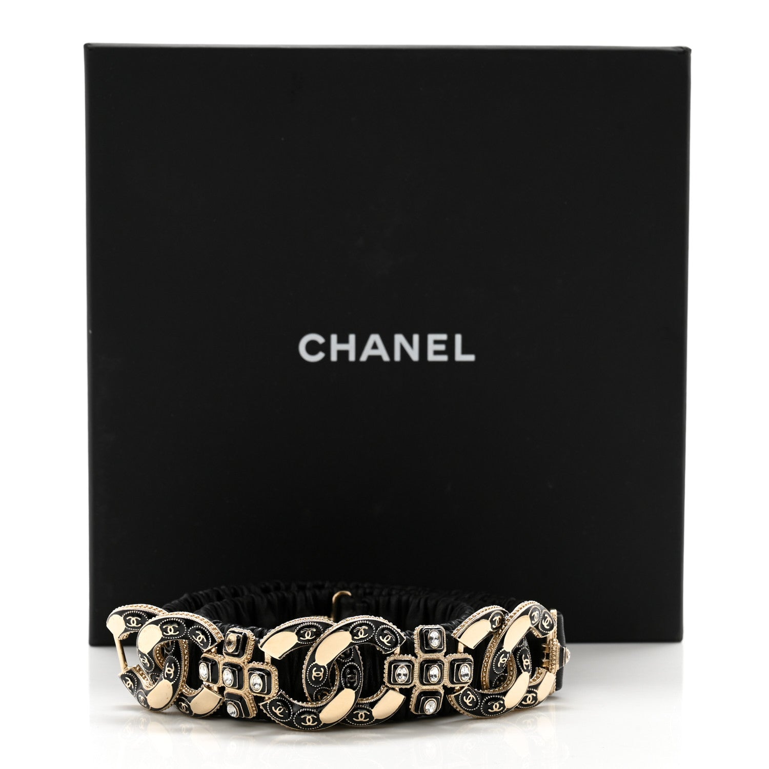 Chanel Lambskin Enamel Crystal Ruched CC Belt 85 34 Black 5 of 5