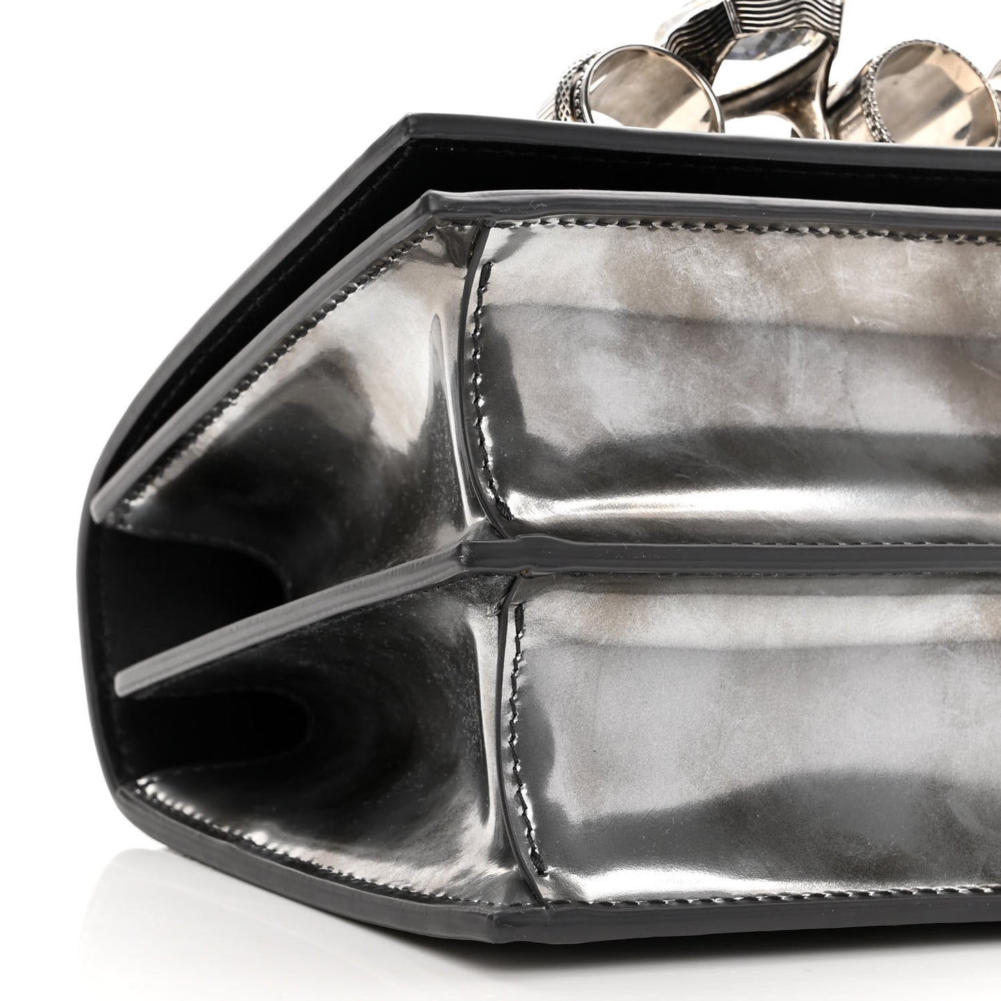 Metallic Patent Calfskin Jeweled Knuckle Satchel Silver