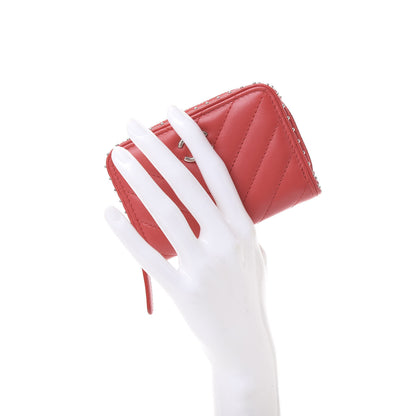 Chanel Lambskin Chevron Quilted Studded Zip Around Coin Purse Red 2 of 11
