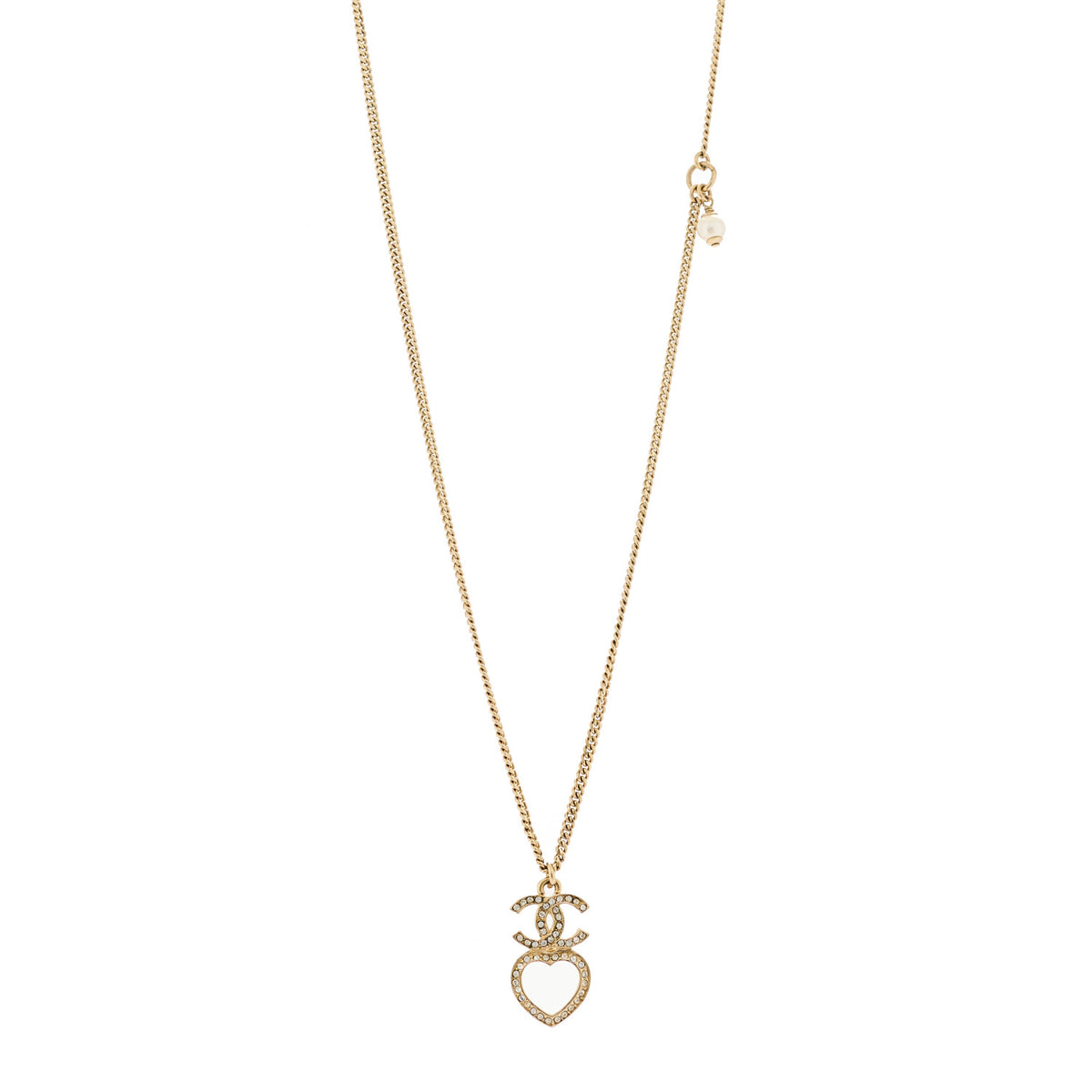 Chanel Crystal Pearl CC Heart Drop Chain Necklace Gold 1 of 5