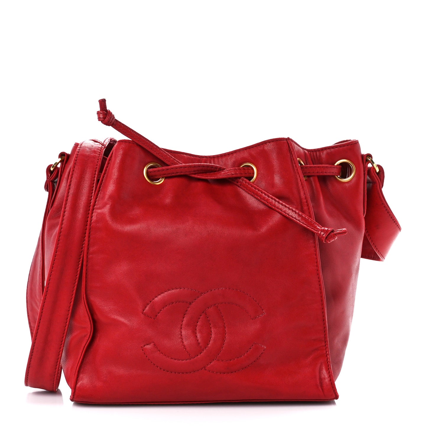 Lambskin CC Drawstring Bucket Bag Red