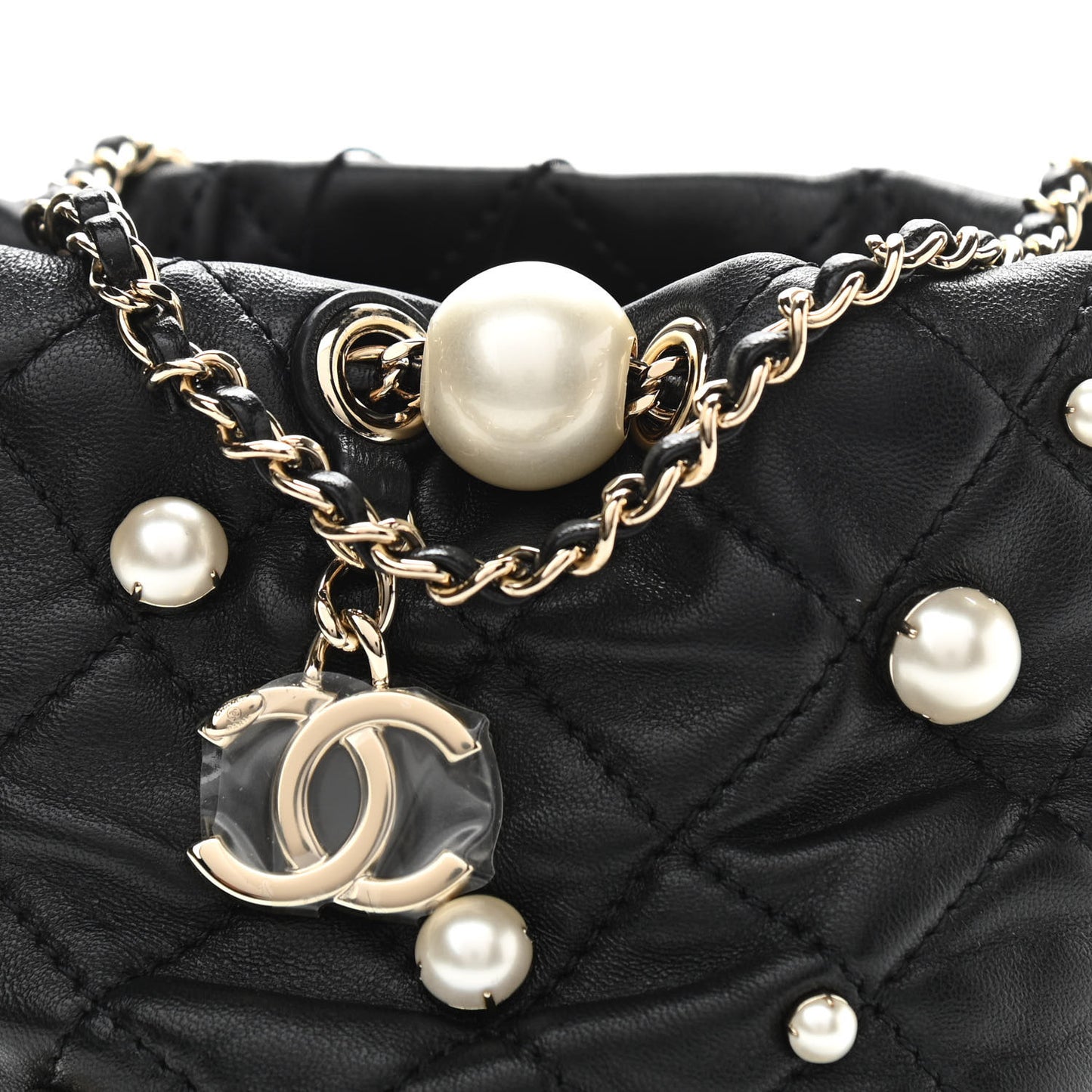 Lambskin Quilted Pearl Mini About Pearls Drawstring Bag Black