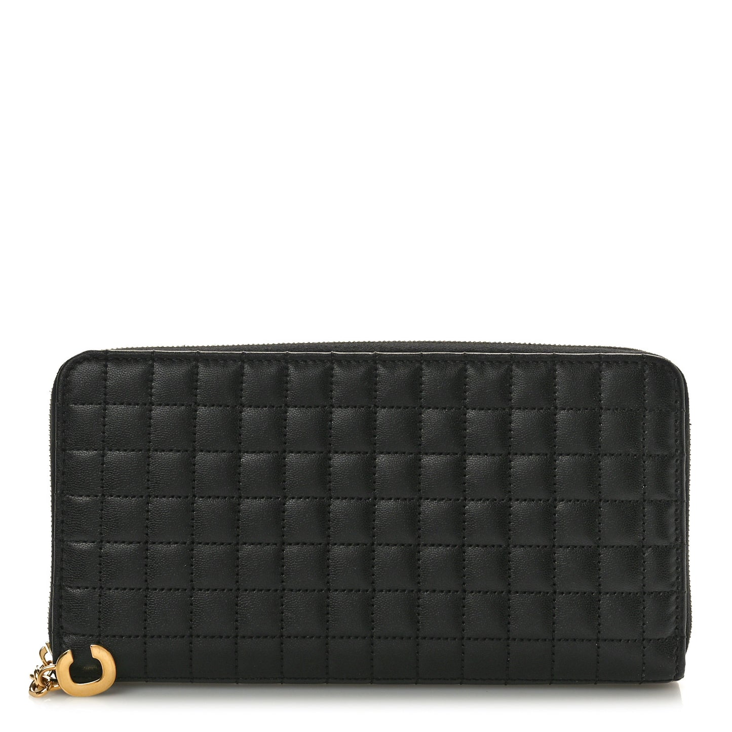 Lambskin Quilted Large C Charm Zip Around Wallet Black