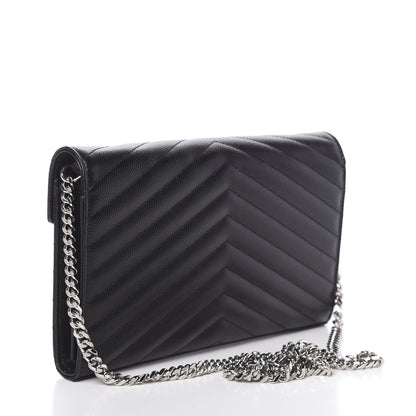 Saint Laurent Grain De Poudre Matelasse Chevron Monogram Chain Wallet Black 3 of 11