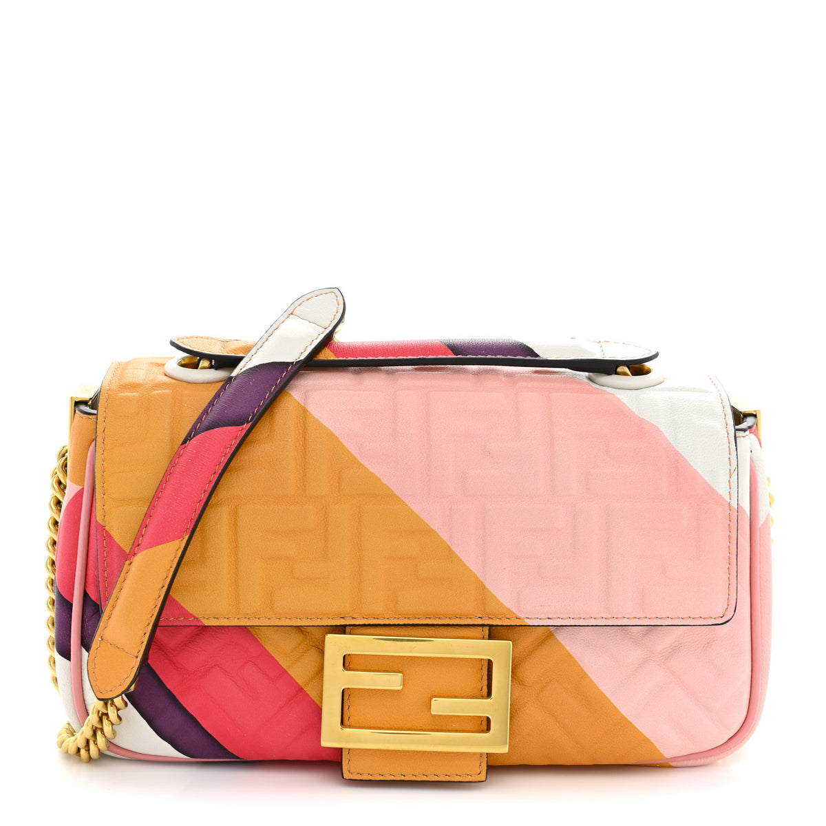 Nappa FF Embossed Line Print Midi Chain Baguette White Multicolor