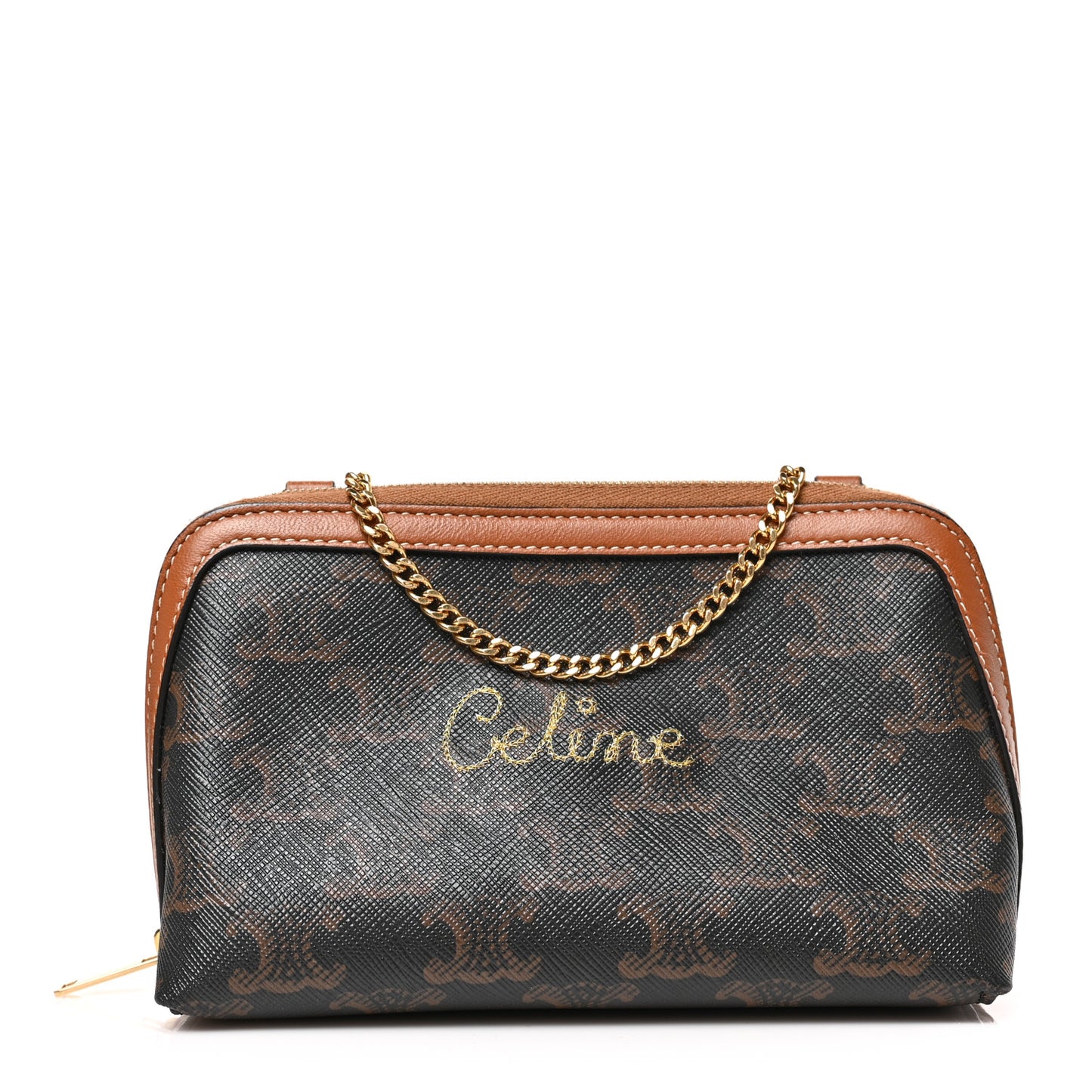 Lambskin Triomphe Canvas Embroidered Logo Clutch With Chain Tan